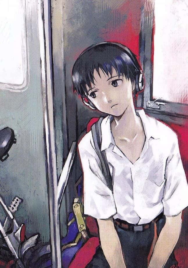 Shinji Ikari 桌布 壁紙 — 一個戴著耳機的年輕動漫男孩坐在火車上沉思，周圍是色彩繽紛的塗鴉和昏暗的燈光。