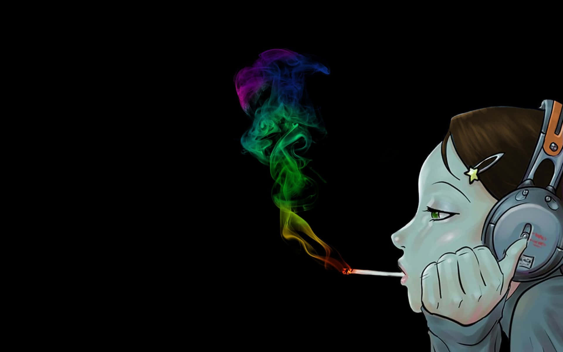 迷幻 桌布 壁紙 — 一個戴著耳機的風格化動漫女孩，在黑色背景上呼出彩虹色的煙霧。