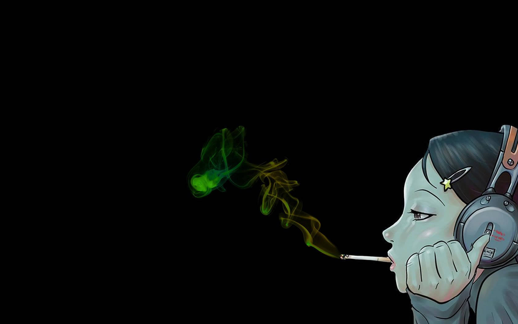 戴著耳機的動漫女孩在黑色背景上抽煙，伴隨著彩色煙霧。