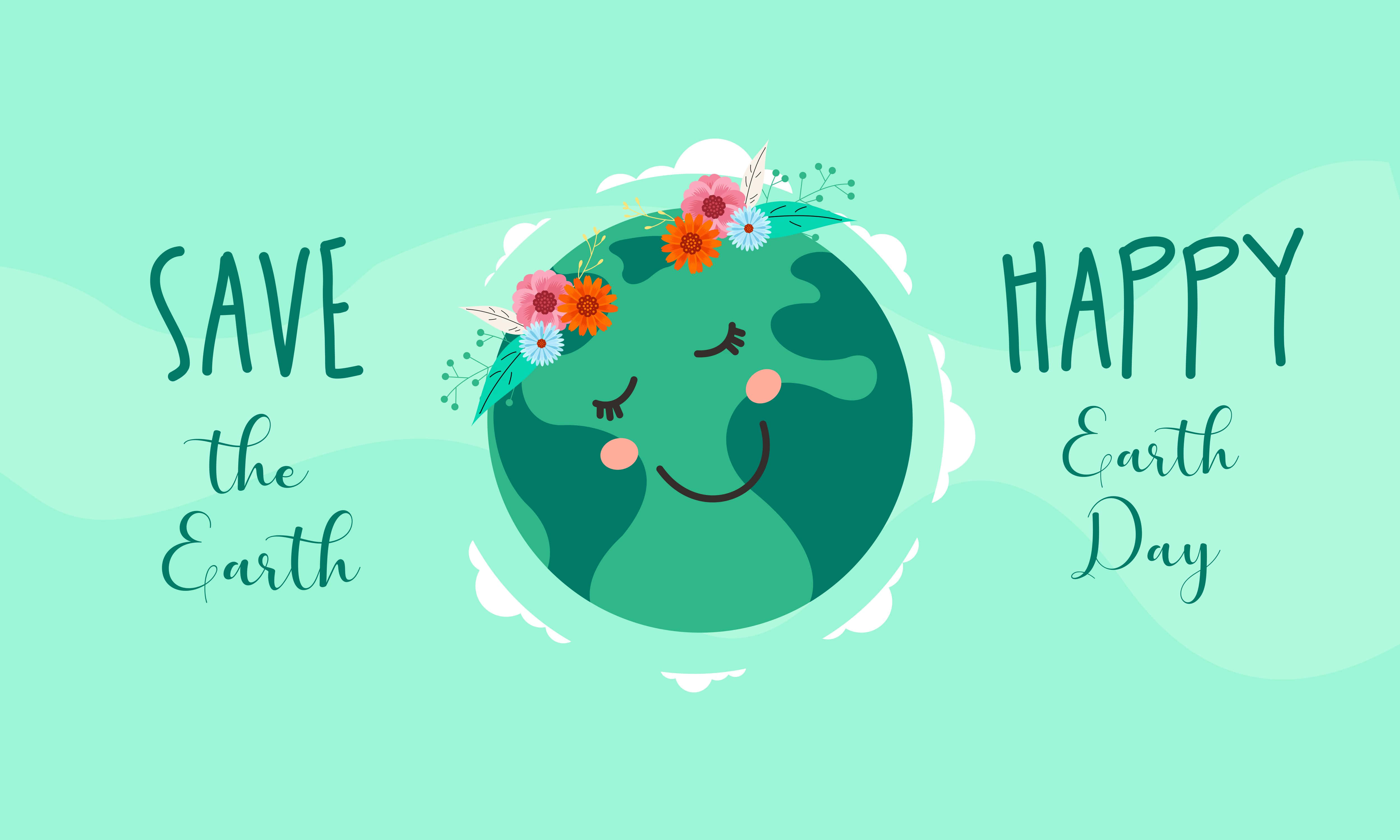 Earth Day 桌布 壁紙 — 一個戴著花冠的快樂卡通地球，在柔和的薄荷色背景上，被慶祝地球日的文字包圍著微笑。
