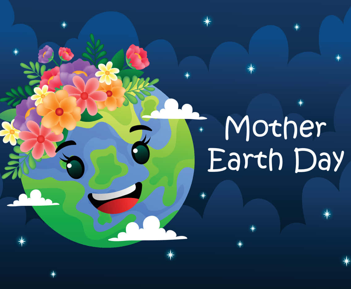 Earth Day 桌布 壁紙 — 一個戴著花冠的快樂卡通地球在星空下微笑，旁邊有「Mother Earth Day」文字。
