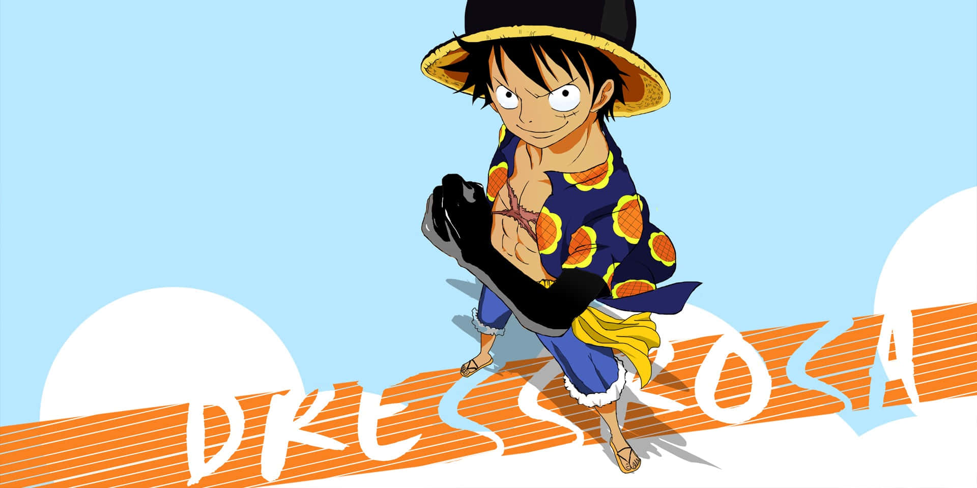 Dressrosa 桌布 壁紙 — 一個戴著草帽和圖案襯衫的開朗動畫男孩，自信地站在一個風格化的橙色波浪上，背景是清澈的藍天。