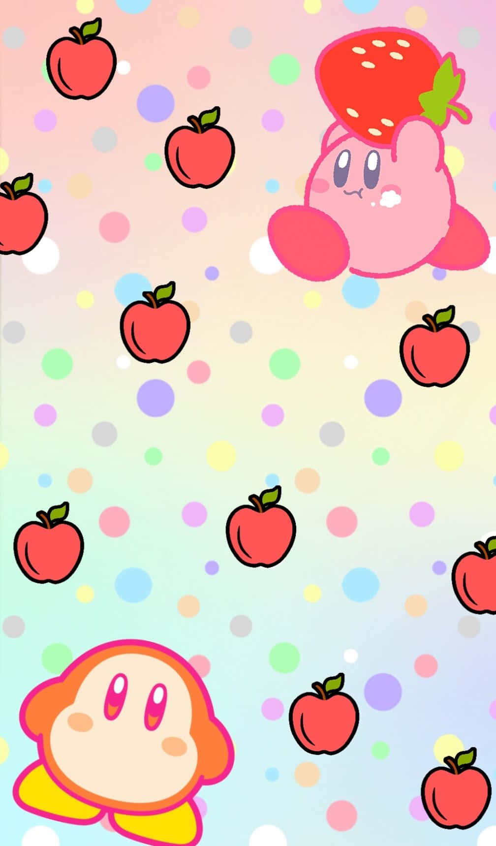 Kawaii Gaming 桌布 壁紙 — 一個戴著草莓帽的可愛粉紅色卡比角色在粉彩圓點背景上的紅蘋果之間漂浮。