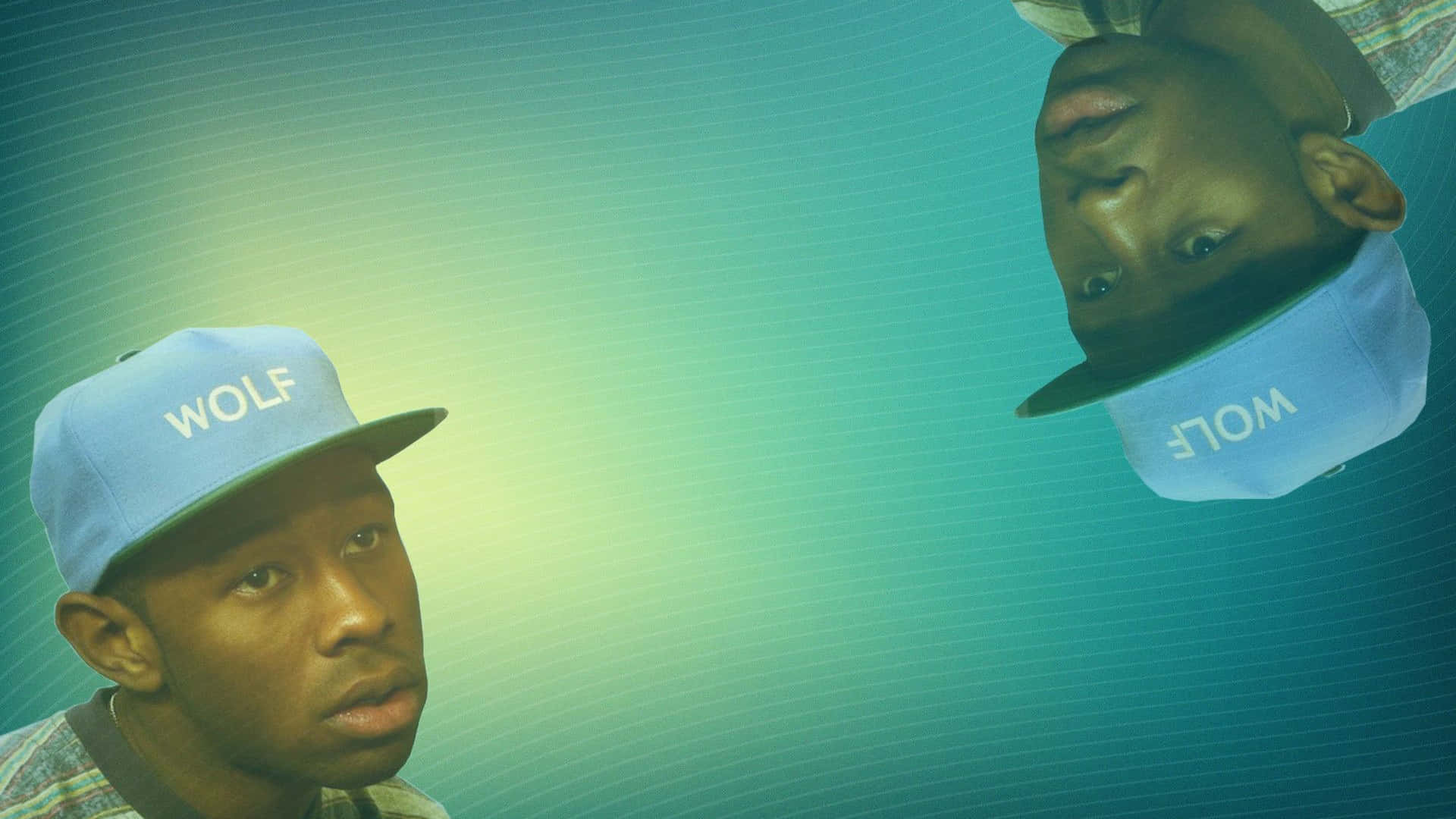 tyler the creator 桌布 壁紙 — 一個戴著藍色「WOLF」帽子的男人直視前方，而他倒轉的倒影在藍綠色和黃色漸變背景上映照著他。
