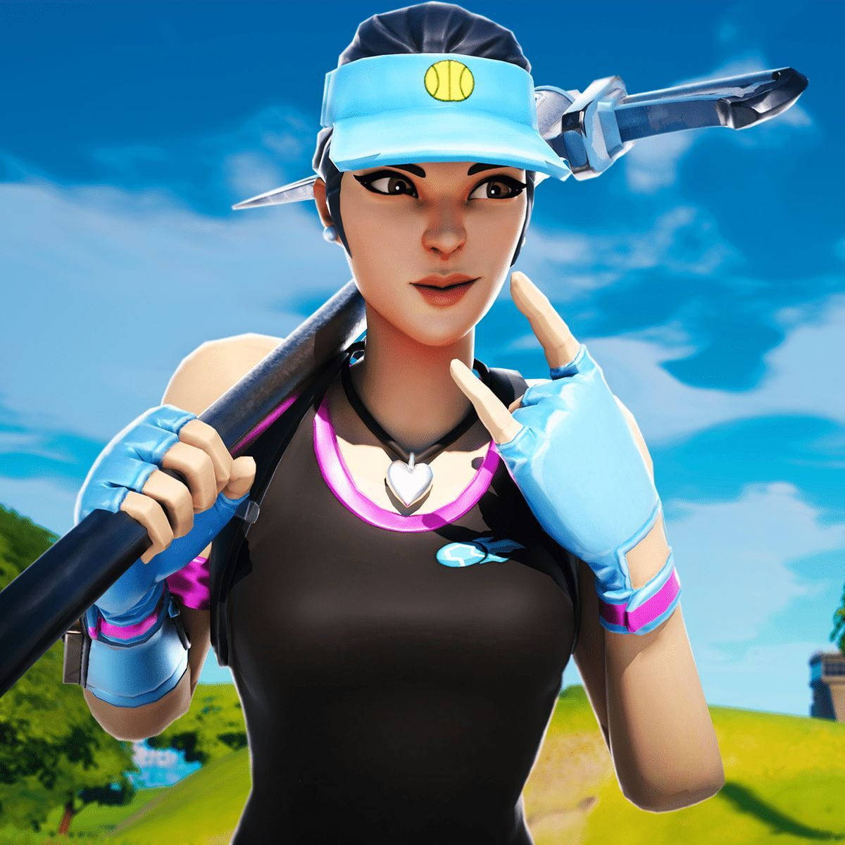 遊戲 桌布 壁紙 — 一個戴著藍色護目鏡和手套的Fortnite角色，在明亮的藍天和綠色山丘背景下拿著鎬。