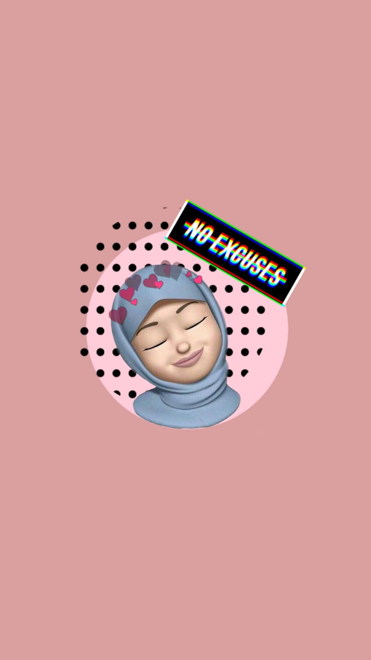Animojis 桌布 壁紙 — 一個戴著藍色頭巾的微笑卡通女孩，粉紅色心形被黑色圓點包圍，並在柔和的粉紅色背景上有一個「NO EXCUSES」標誌。