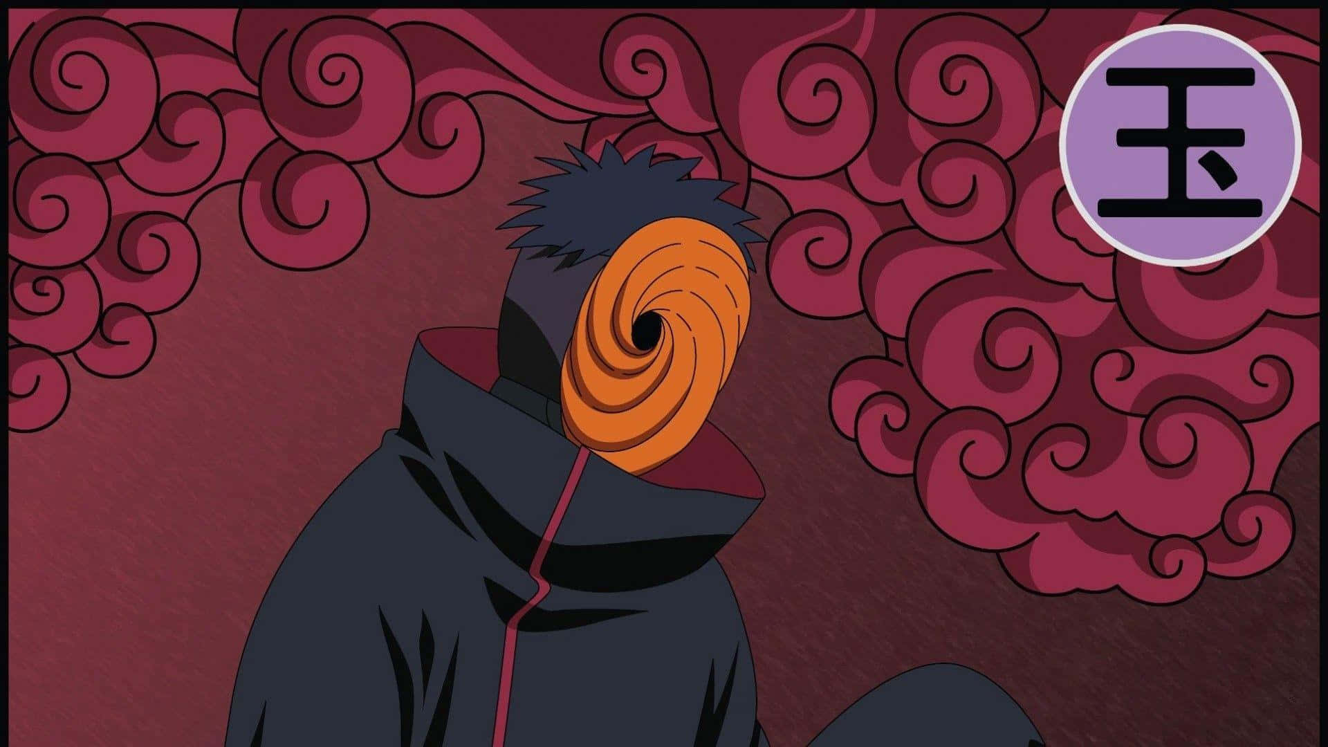 Akatsuki Tobi 桌布 壁紙 — 一個戴著螺旋面具、身穿暗色斗篷的動漫角色，站在旋轉的紅雲前，角落有一個紫色封印。