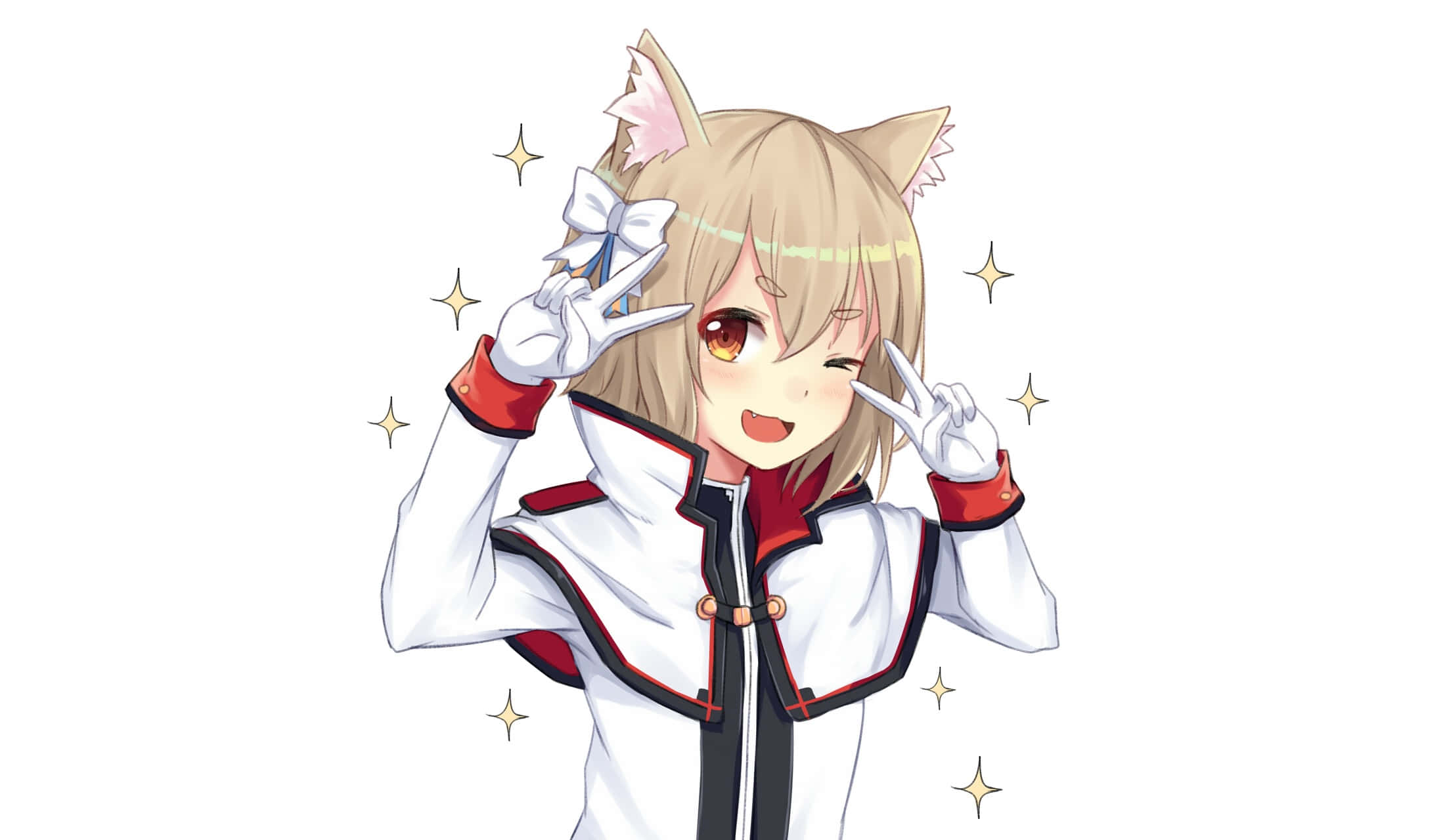 Felix Argyle 桌布 壁紙 — 一個戴著貓耳和白色外套的開朗動漫女孩，在閃爍星星的包圍下做出和平手勢。