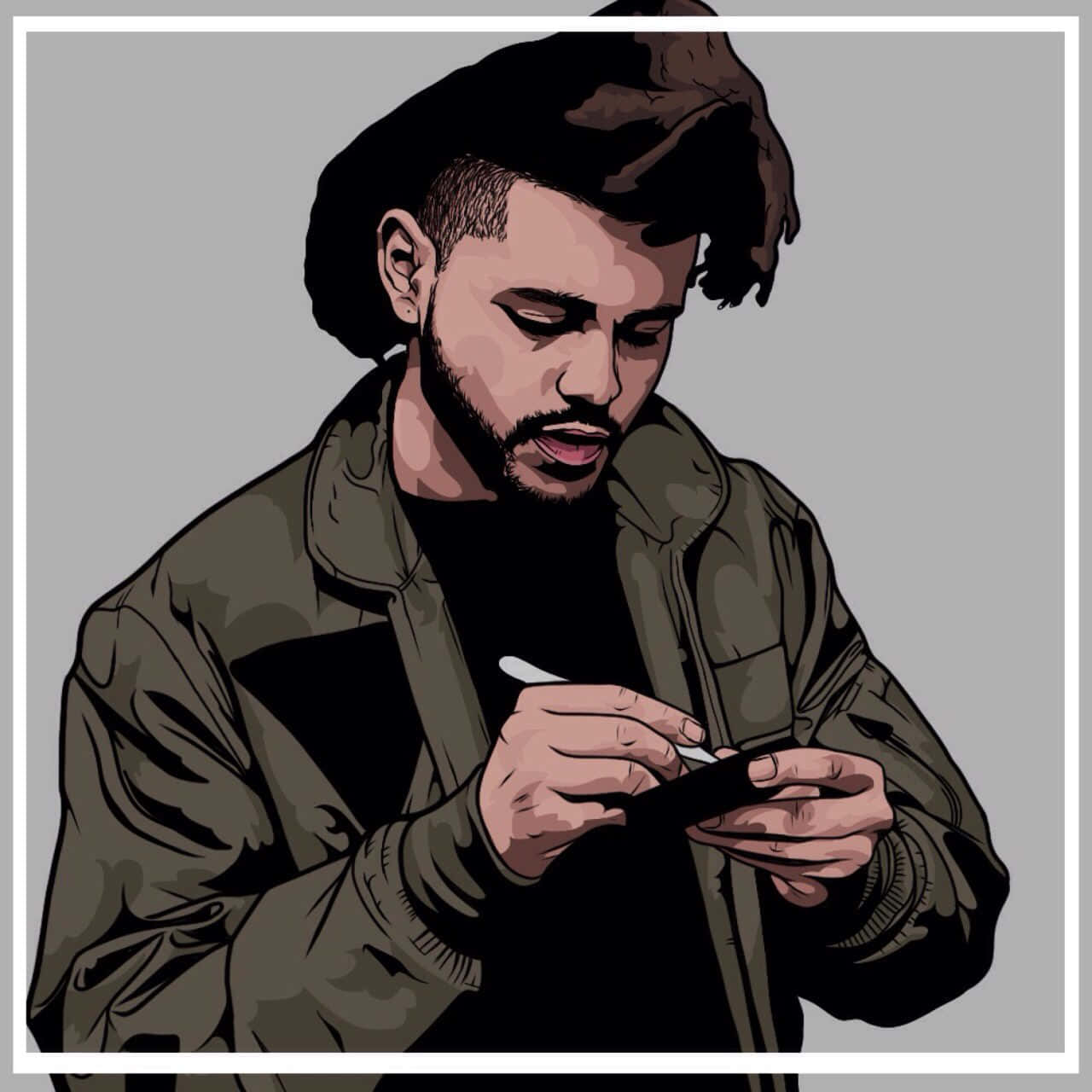 The Weeknd 桌布 壁紙 — 一個戴著貝雷帽和鬍鬚的男人在柔和的灰色環境中專注地使用智能手機的風格化插圖。