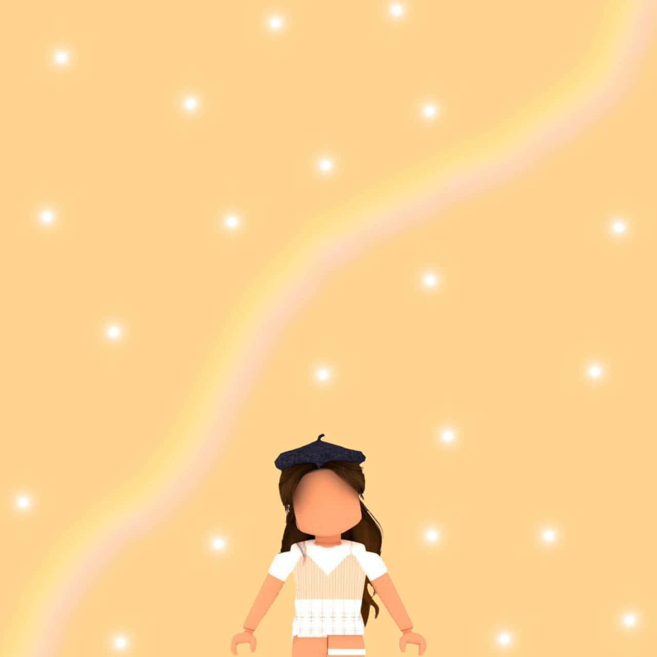 Roblox Aesthetic 桌布 壁紙 — 一個戴著貝雷帽的風格化女孩仰望溫暖發光的天空，天空點綴著閃爍的星星和柔和的光芒。