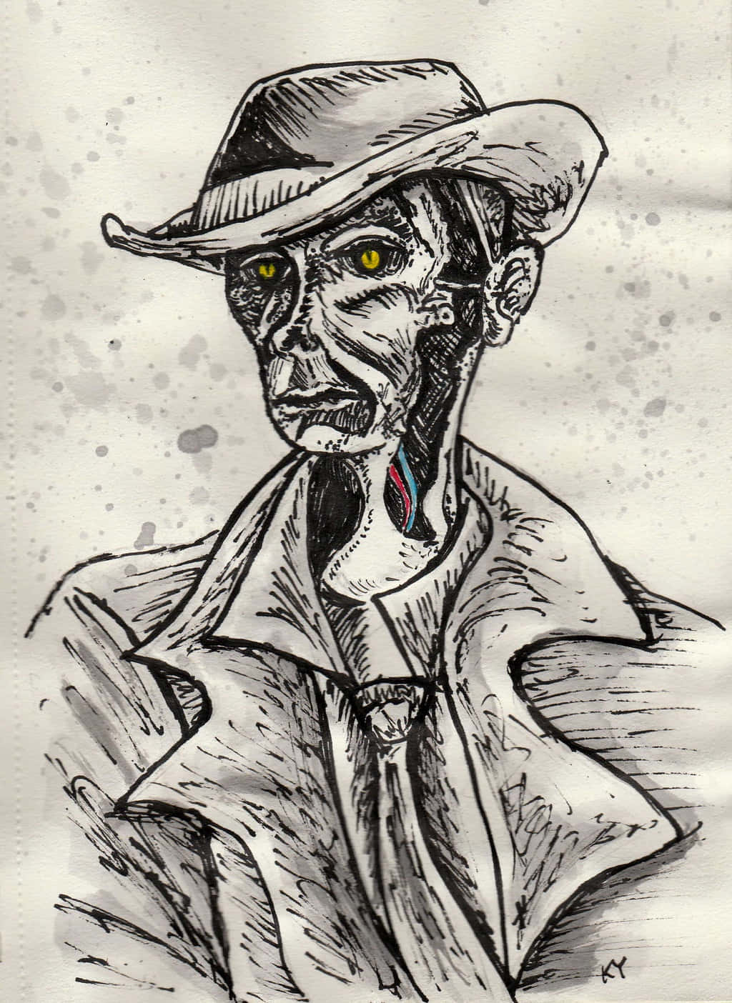 Nick Valentine 桌布 壁紙 — 一個戴著軟呢帽、擁有發光黃色眼睛和傷疤臉的男人的令人難忘的墨水素描。