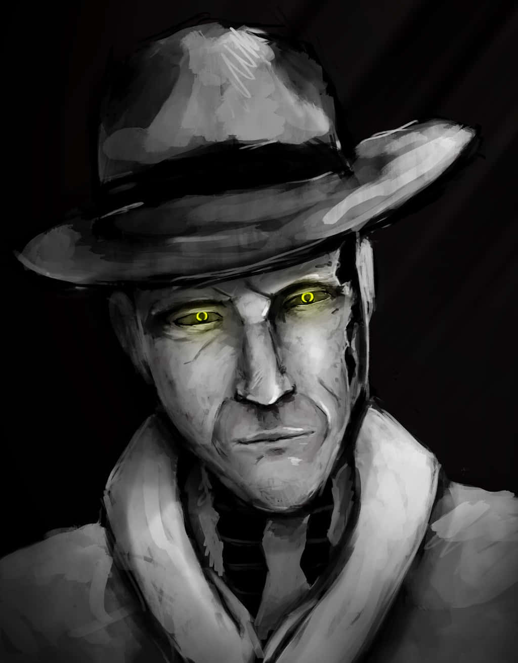 Nick Valentine 桌布 壁紙 — 一個戴著軟呢帽、眼睛發出黃光的粗獷插畫風格男子，在黑暗背景中凝視著。