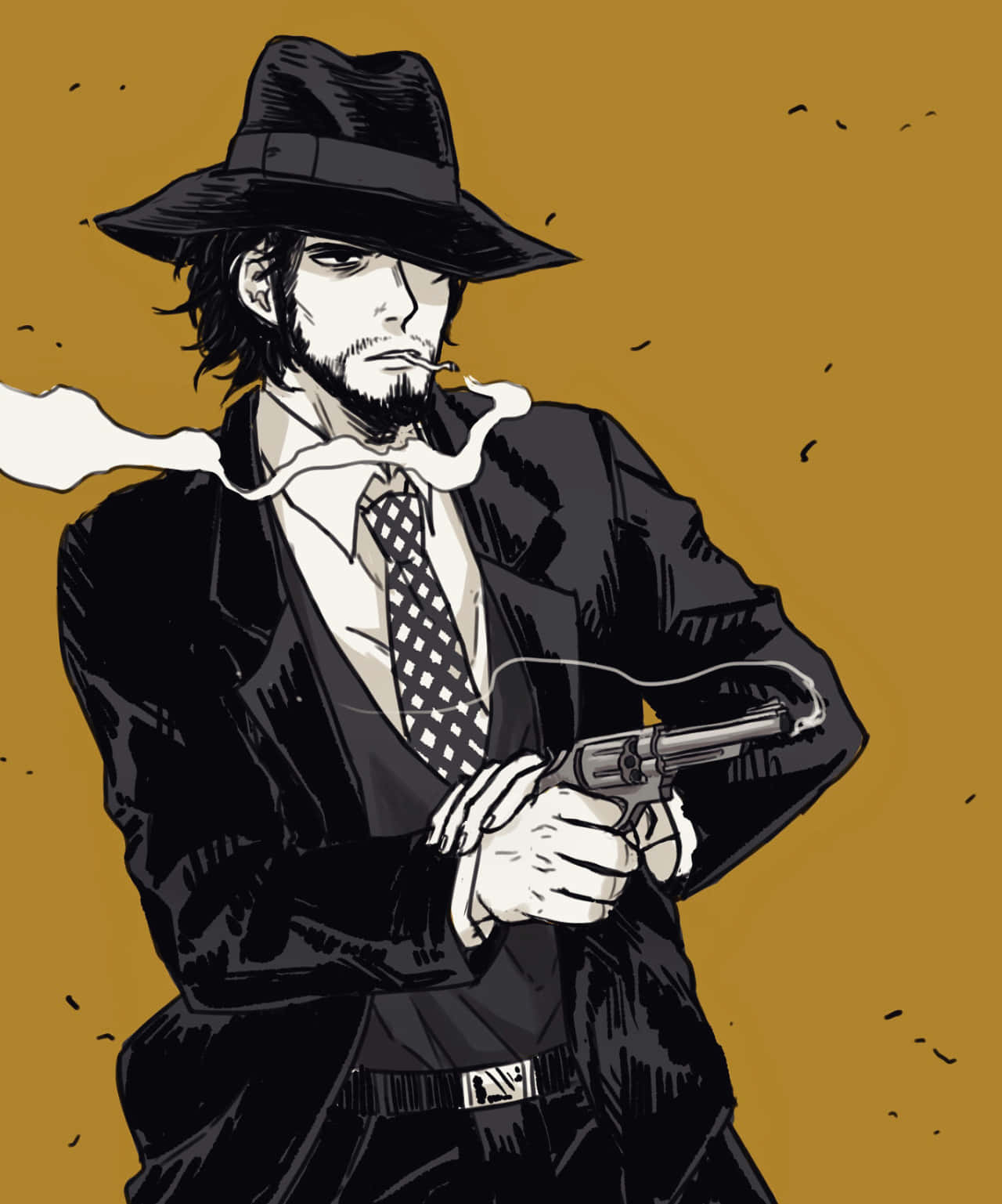 Lupin Iii Daisuke Jigen 桌布 壁紙 — 一個戴著軟呢帽、穿著西裝的粗獷動漫風格男人，在芥末黃色背景下抽煙並手持左輪手槍。