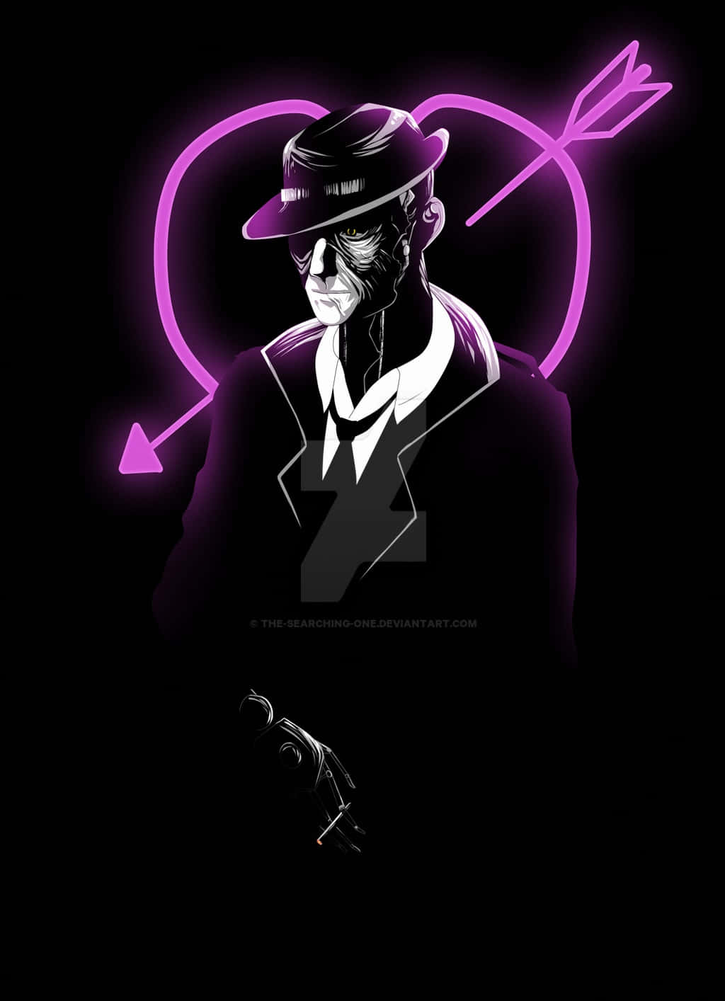 Nick Valentine 桌布 壁紙 — 一個戴著軟呢帽和西裝的風格化男子，站在黑色背景前，帶有發光的紫色心形和箭頭輪廓。