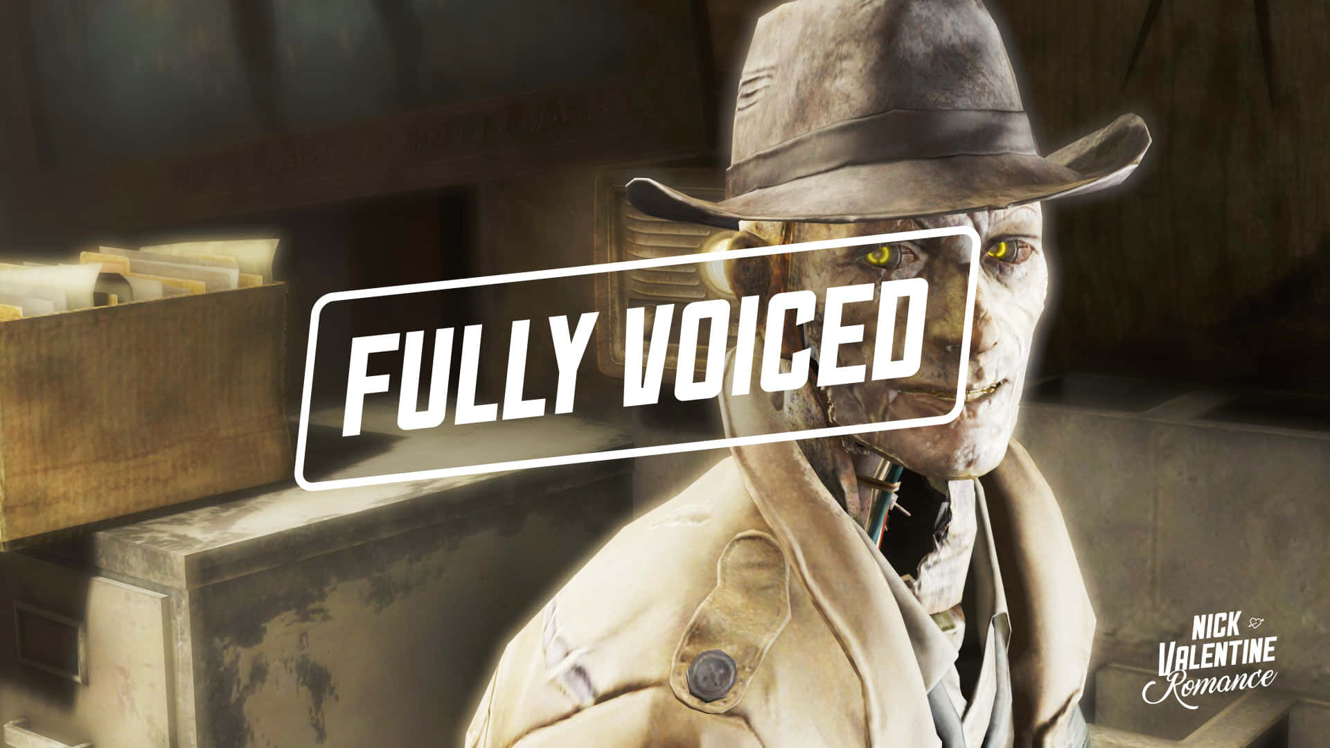 Nick Valentine 桌布 壁紙 — 一個戴著軟呢帽和風衣、眼睛發出黃光的殭屍偵探的粗糙數碼肖像。