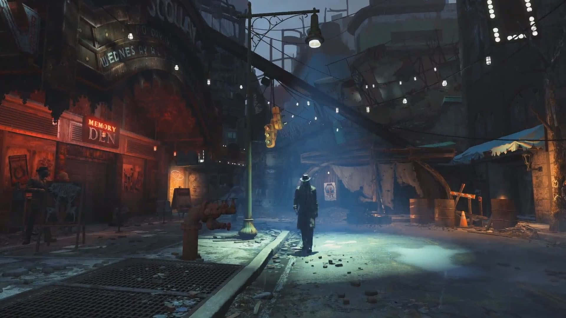 Diamond City 桌布 壁紙 — 一個戴著軟呢帽的孤獨身影在夜晚走下一條霧氣瀰漫、霓虹燈閃爍的後巷，位於一個破敗的市區。