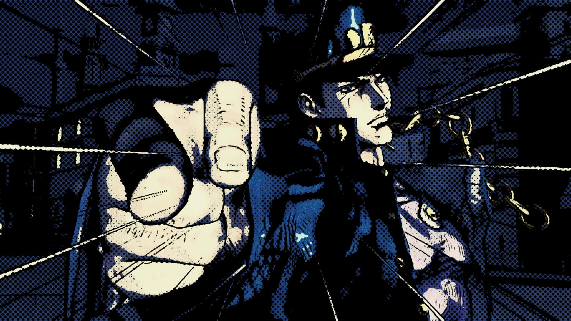 Jotaro Kujo 桌布 壁紙 — 一個戴著軟呢帽的粗獷動漫角色，在深色半色調背景下，表情嚴肅地直接指向觀眾。