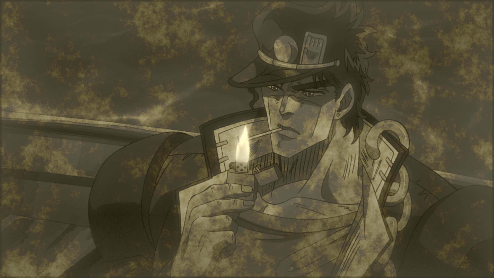 Jotaro Kujo 桌布 壁紙 — 一個戴著軟呢帽的粗獷動漫角色，在紋理豐富的懷舊棕色背景下，用閃爍的打火機點燃香煙。