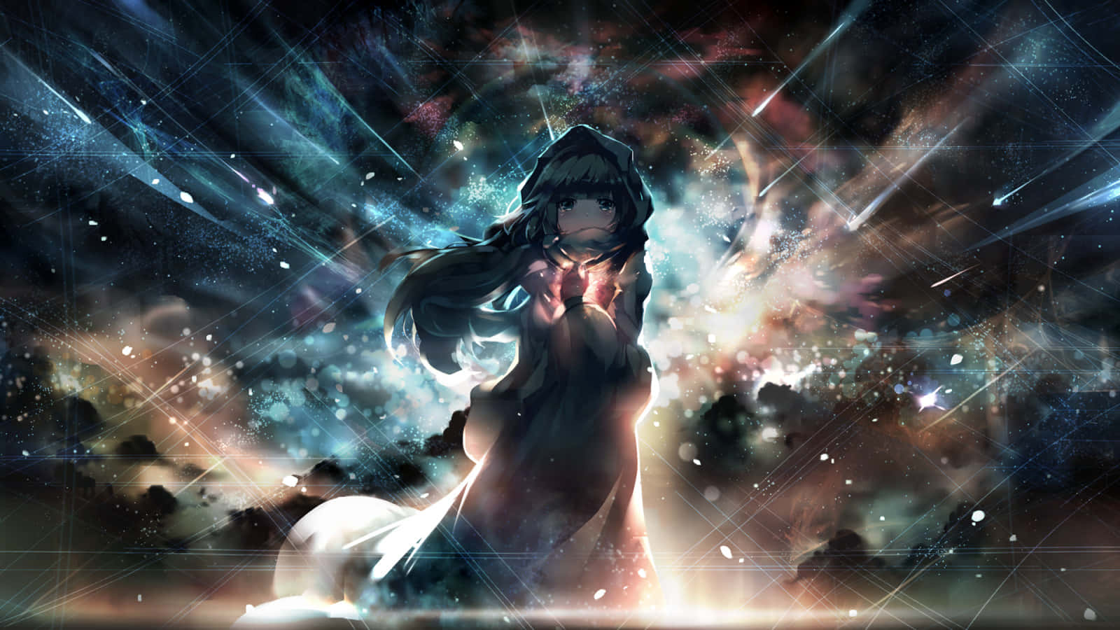 Manga Universe 桌布 壁紙 — 一個戴著連帽斗篷的動漫女孩跪在宇宙星雲中，周圍有發光的粒子和光線。