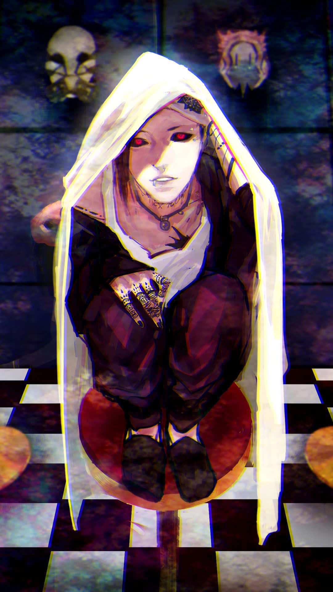 Tokyo Ghoul Uta 桌布 壁紙 — 一個戴著連帽衫、紅眼睛的動漫女孩坐在一個黑暗房間裡的紅色凳子上，牆上掛著骷髏面具。
