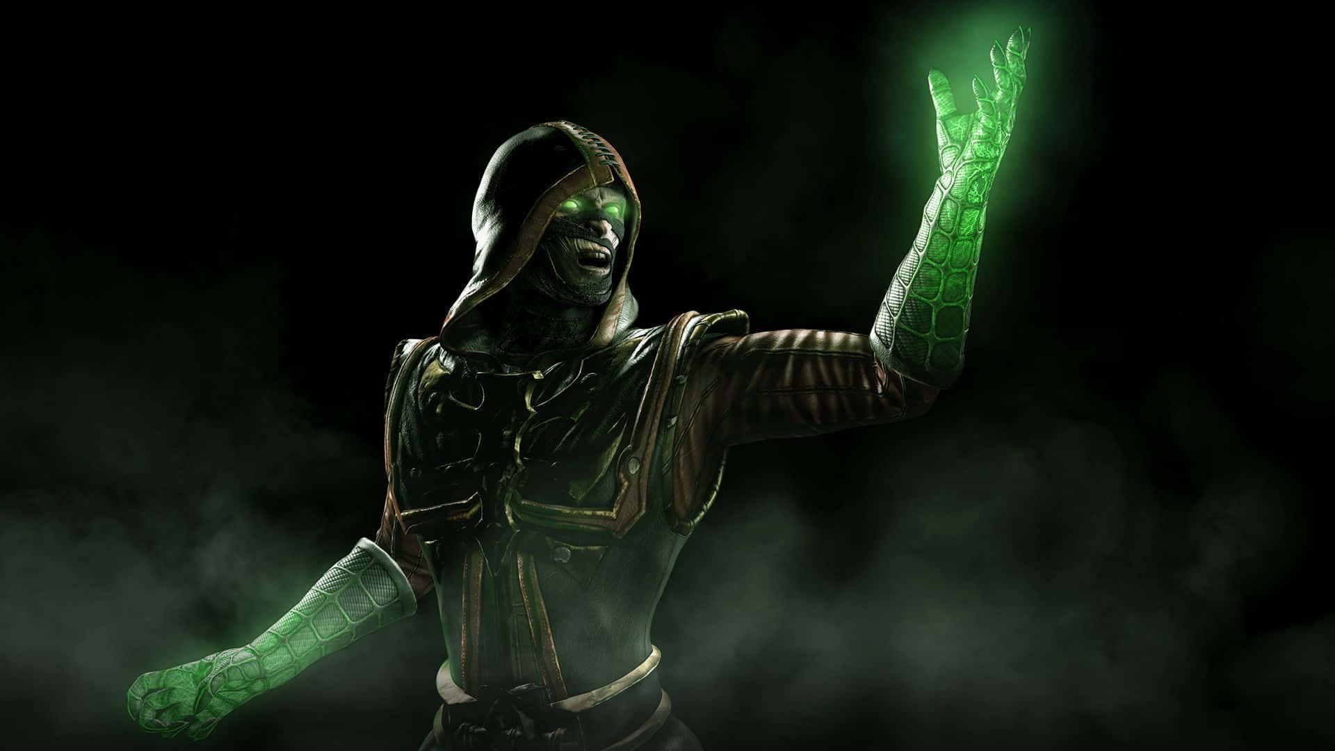 Mortal Kombat Ermac 桌布 壁紙 — 一個戴著連帽衫、綠色皮膚、眼睛發光、戴著爬蟲類手套的惡棍在黑暗煙霧彌漫的環境中舉起手。