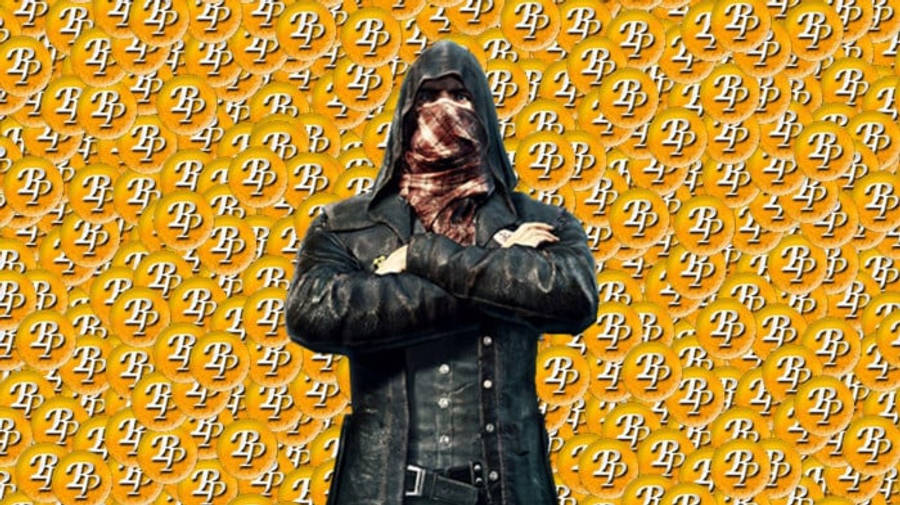 pubg 4K gaming 桌布 壁紙 — 一個戴著連帽衫、身穿黑色皮褸的人，雙臂交叉，站在鮮黃色背景前，背景上有重複的白色「B」標誌圖案。