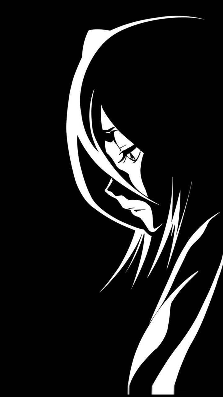 Bleach Anime 桌布 壁紙 — 一個戴著連帽衫、長髮、目光低垂的動漫女孩，在黑色背景上呈現出鮮明的白色剪影。