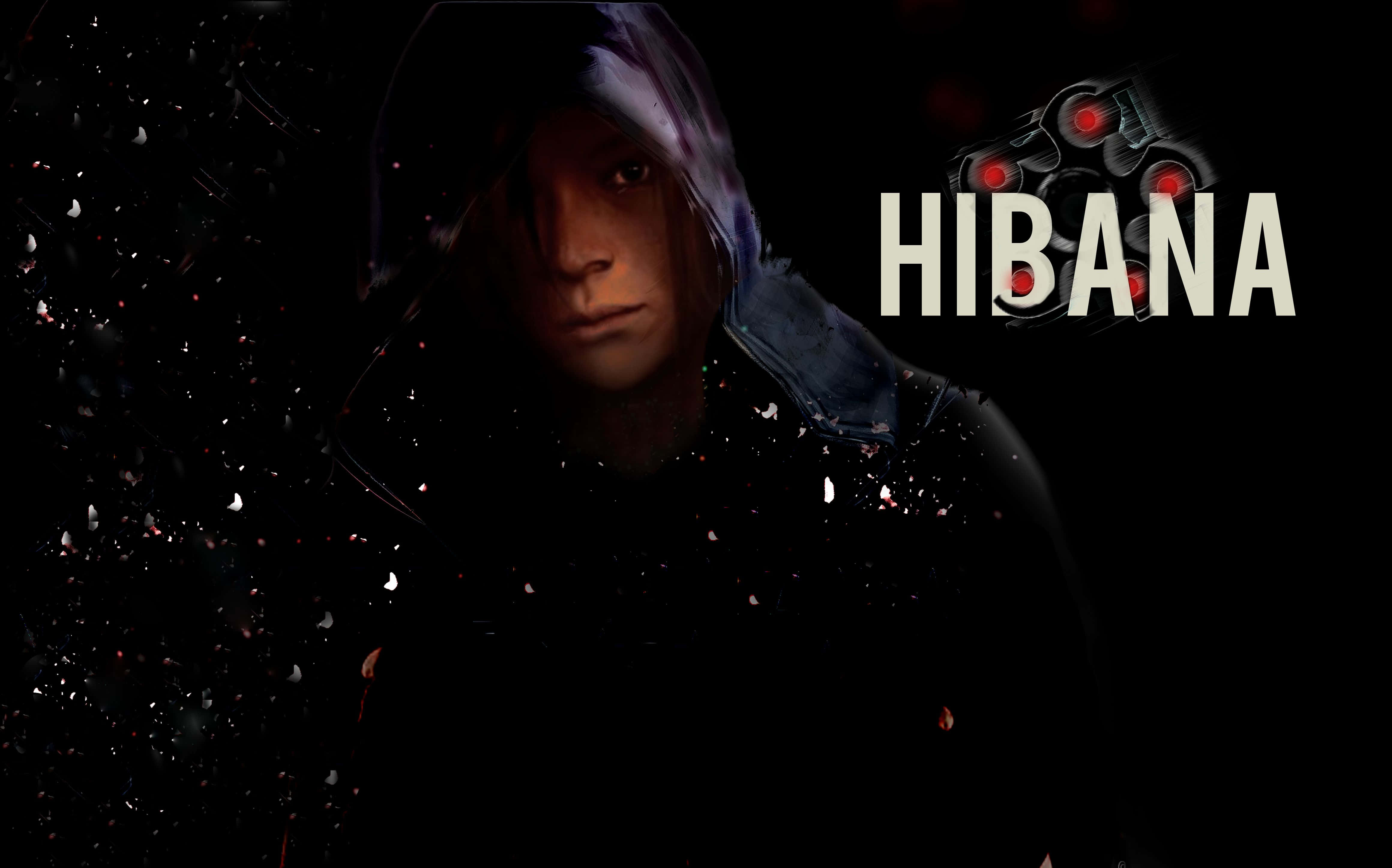 Hibana R6 桌布 壁紙 — 一個戴著連帽衫的動漫角色，擁有紅色眼睛和未來武器，站在黑暗中，周圍有發光粒子旋轉。