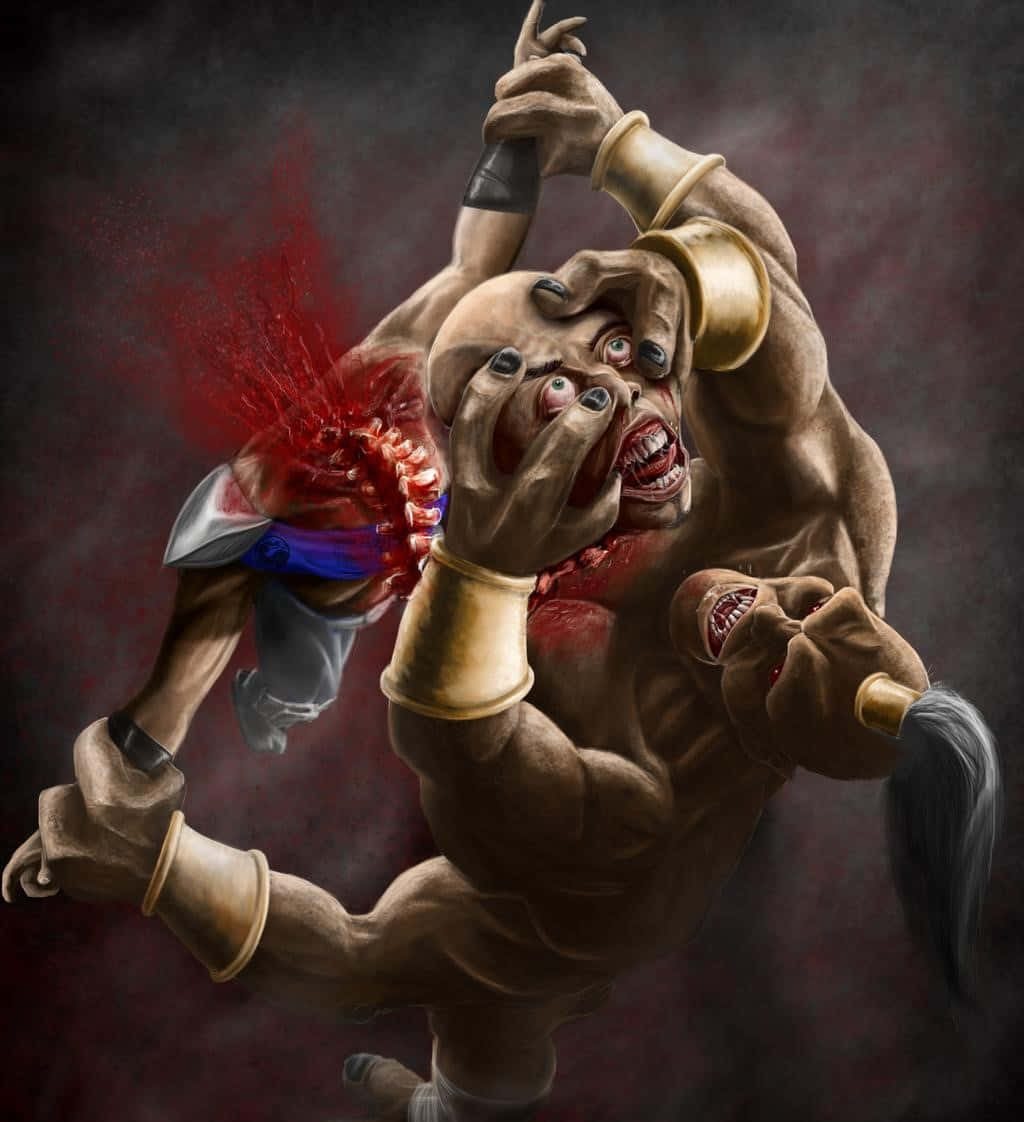 Mortal Kombat Goro 桌布 壁紙 — 一個戴著金色臂環、多隻眼睛的怪誕惡魔，在深紅色背景前猛烈撕開受害者的軀幹。
