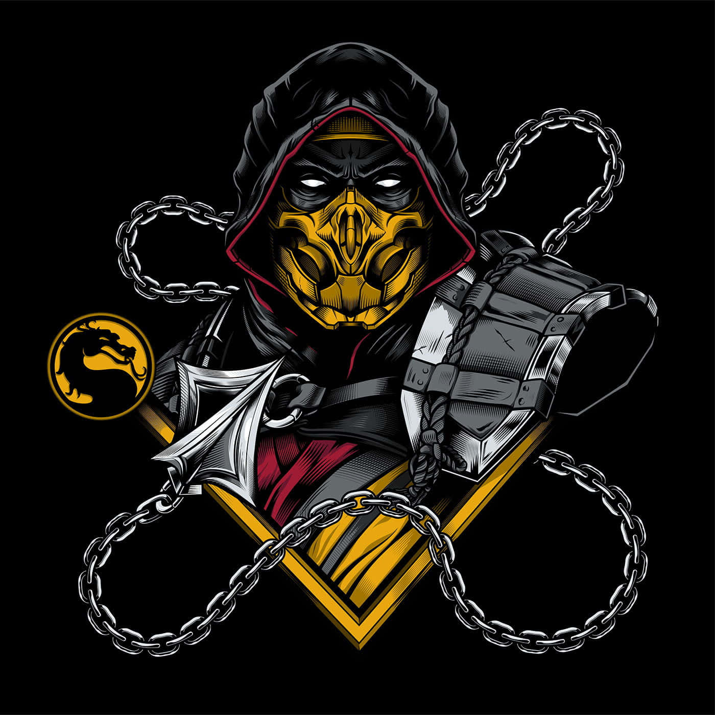 Mortal Kombat 角色 Scorpion 在黑色背景上帶著鎖鏈和面具。 — 真人快打 壁紙