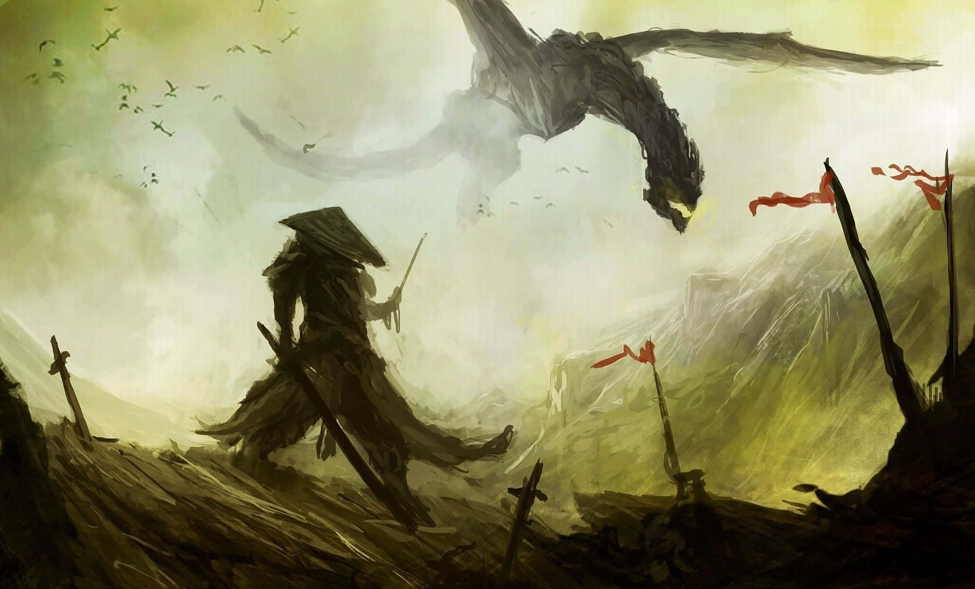 Samurai Dragon 桌布 壁紙 — 一個戴著錐形帽的孤獨戰士，勇敢地面對一隻在佈滿斷矛和紅旗的戰場上空翱翔的巨大黑龍。