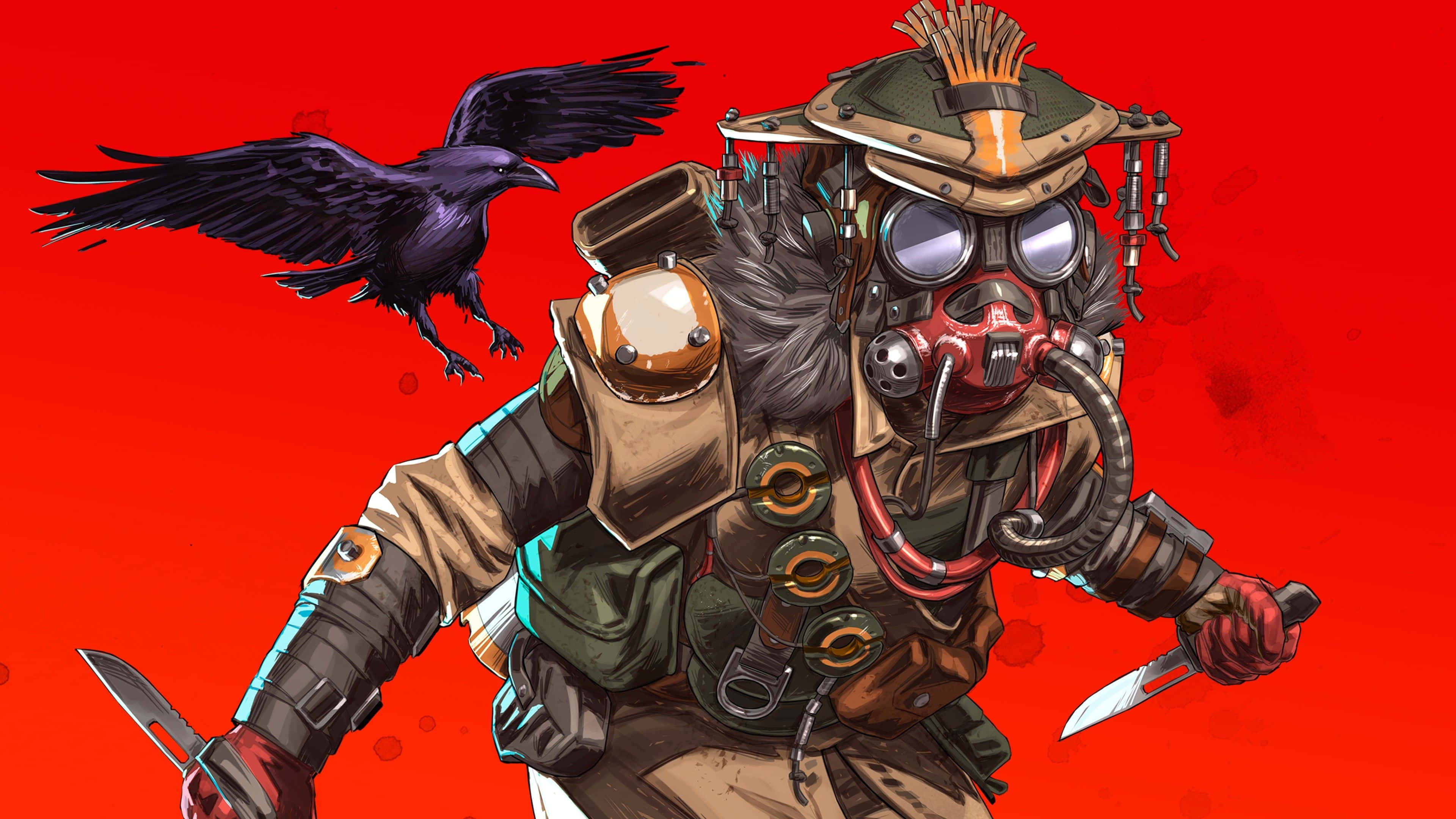 Apex Legends Bloodhound 桌布 壁紙 — 一個戴著防毒面具和戰術裝備的蒸氣龐克戰士，在鮮紅色背景上拿著兩把刀，還有一隻飛翔的烏鴉。