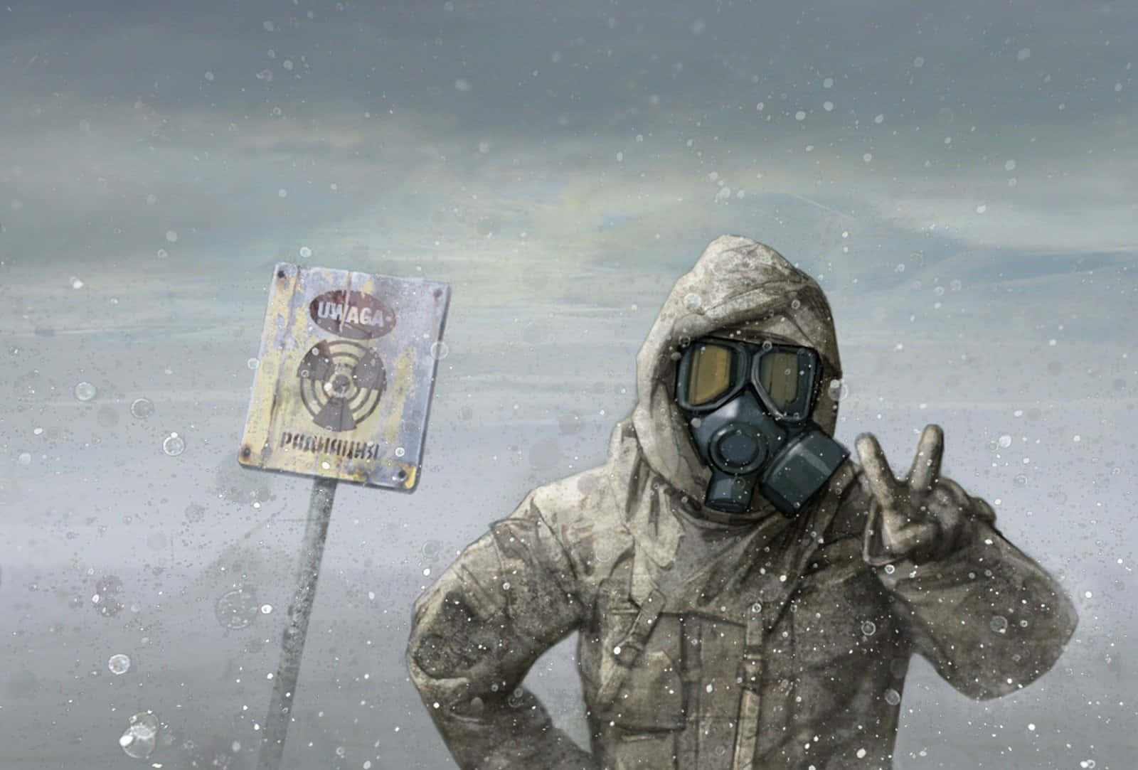 Nuclear Winter 桌布 壁紙 — 一個戴著防毒面具和連帽外套的人，在積雪荒涼的景觀中，在一個生鏽的輻射警告標誌旁邊做出和平手勢。