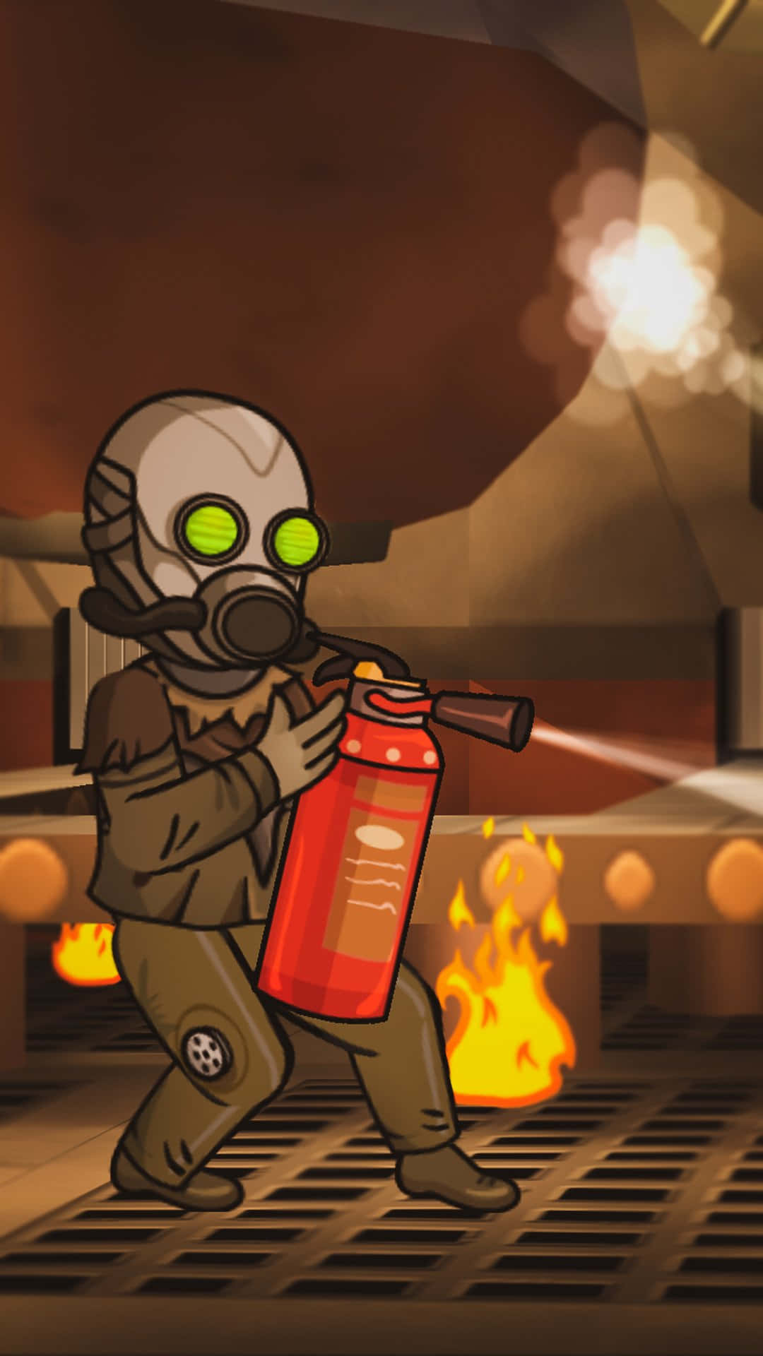 Fallout Shelter 桌布 壁紙 — 一個戴著防毒面具的卡通角色在光線昏暗的工業環境中使用紅色滅火器撲滅火焰。