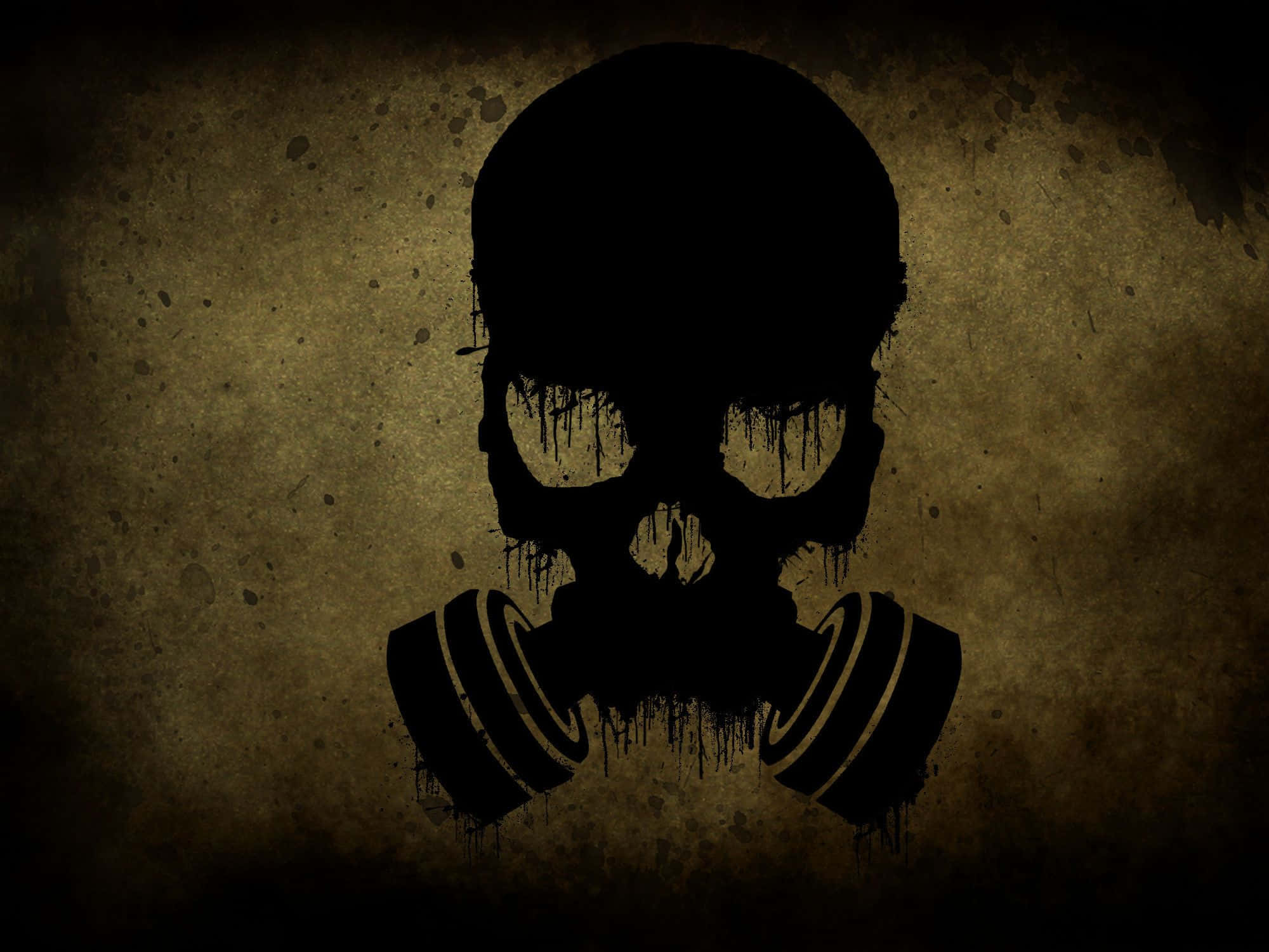 Horror Masks 桌布 壁紙 — 一個戴著防毒面具的黑色骷髏頭，在粗糙的紋理棕色背景上滴落。