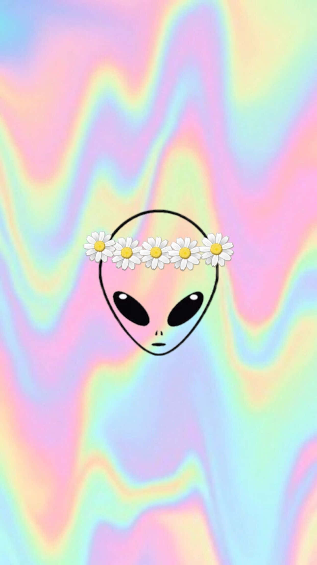 Cartoon Alien 桌布 壁紙 — 一個戴著雛菊花環的卡通外星人漂浮在旋轉的粉彩彩虹背景上。