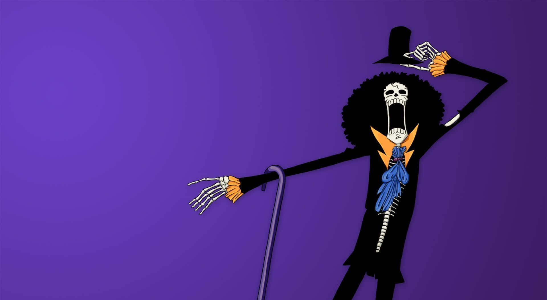 Brook 桌布 壁紙 — 一個戴著非洲式假髮和高帽的卡通骷髏，在純紫色背景前擺出戲劇性的姿勢。