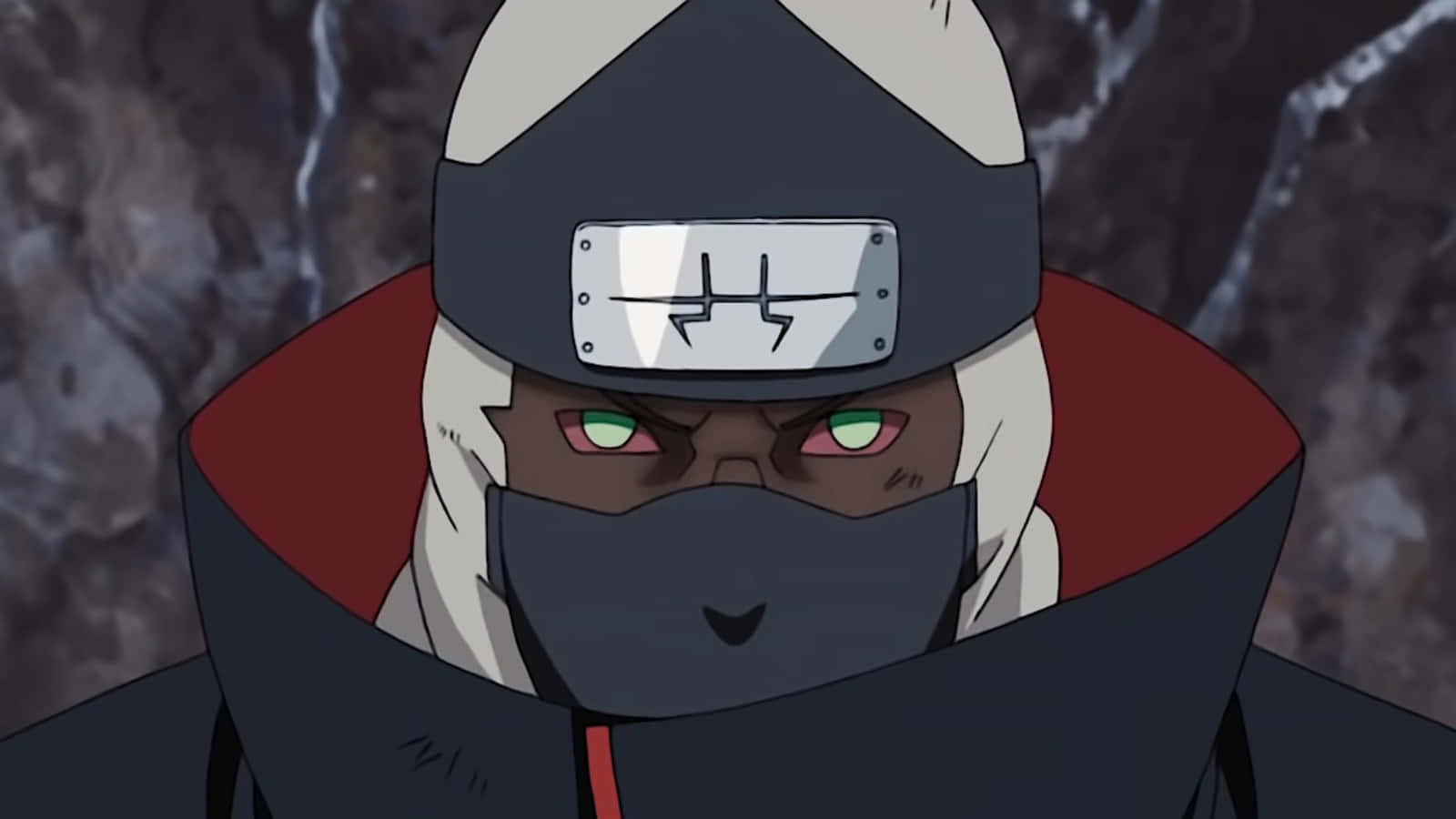Akatsuki Kakuzu 桌布 壁紙 — 一個戴著面具、擁有發光綠色眼睛和白色頭髮的動漫忍者，從岩石峭壁上凝視著。