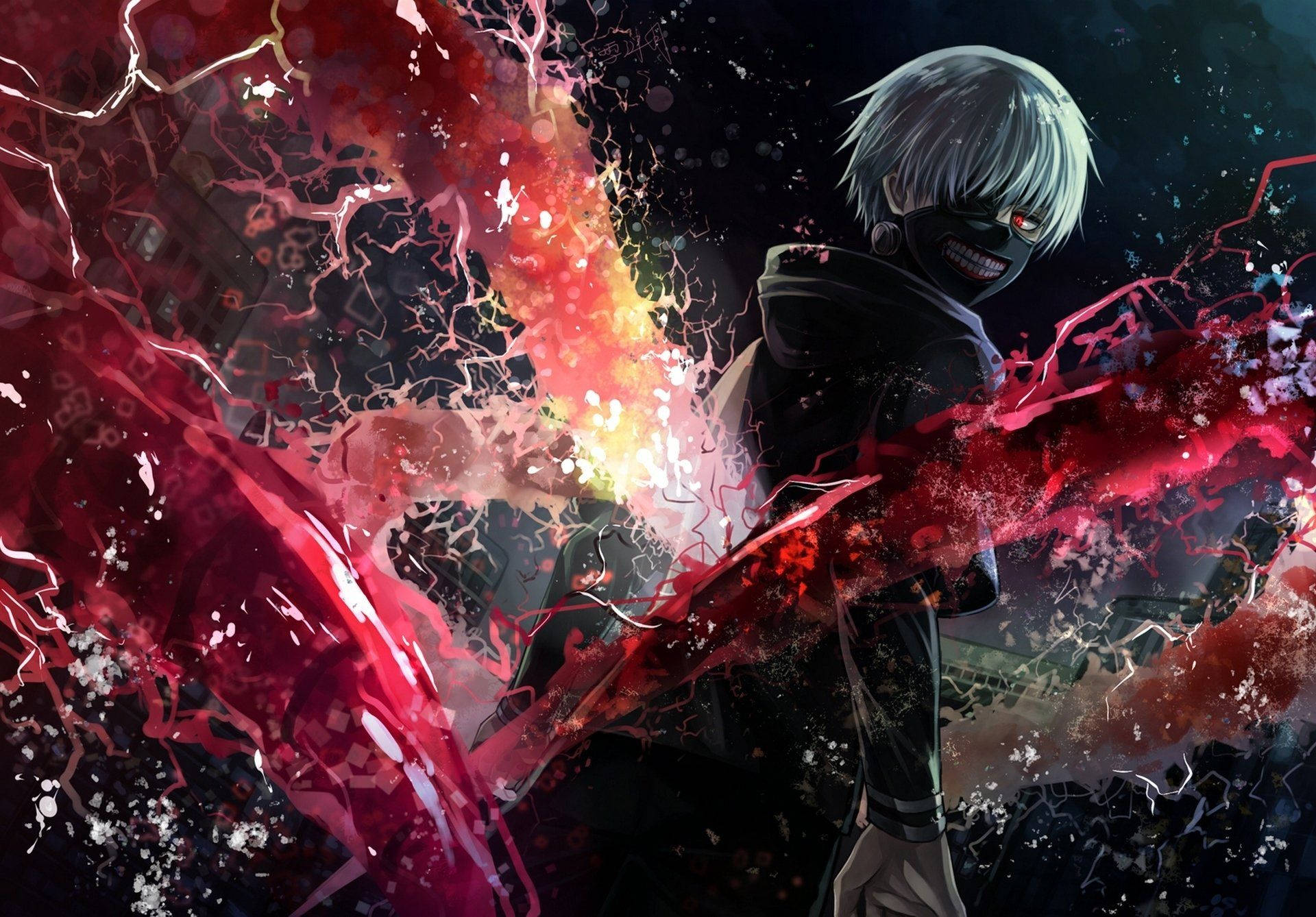 Ken Kaneki 桌布 壁紙 — 一個戴著面具、白髮的動漫角色在黑暗背景下釋放出熾熱的紅色能量衝擊波。