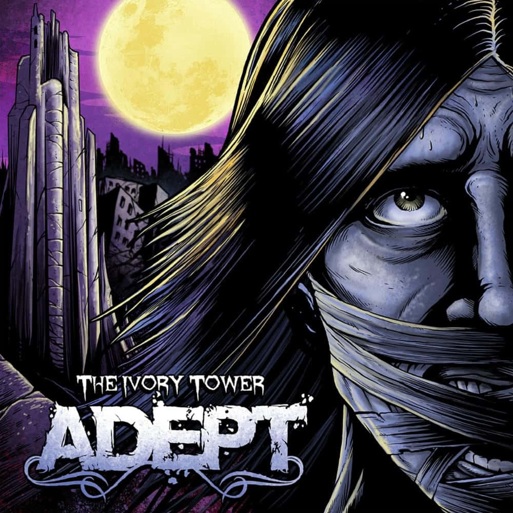 Ivory Tower 桌布 壁紙 — 一個戴著面具、眼睛發光的人物，在紫色夜空下，襯著一輪巨大的黃色月亮和一座哥德式塔樓，凝視著前方。