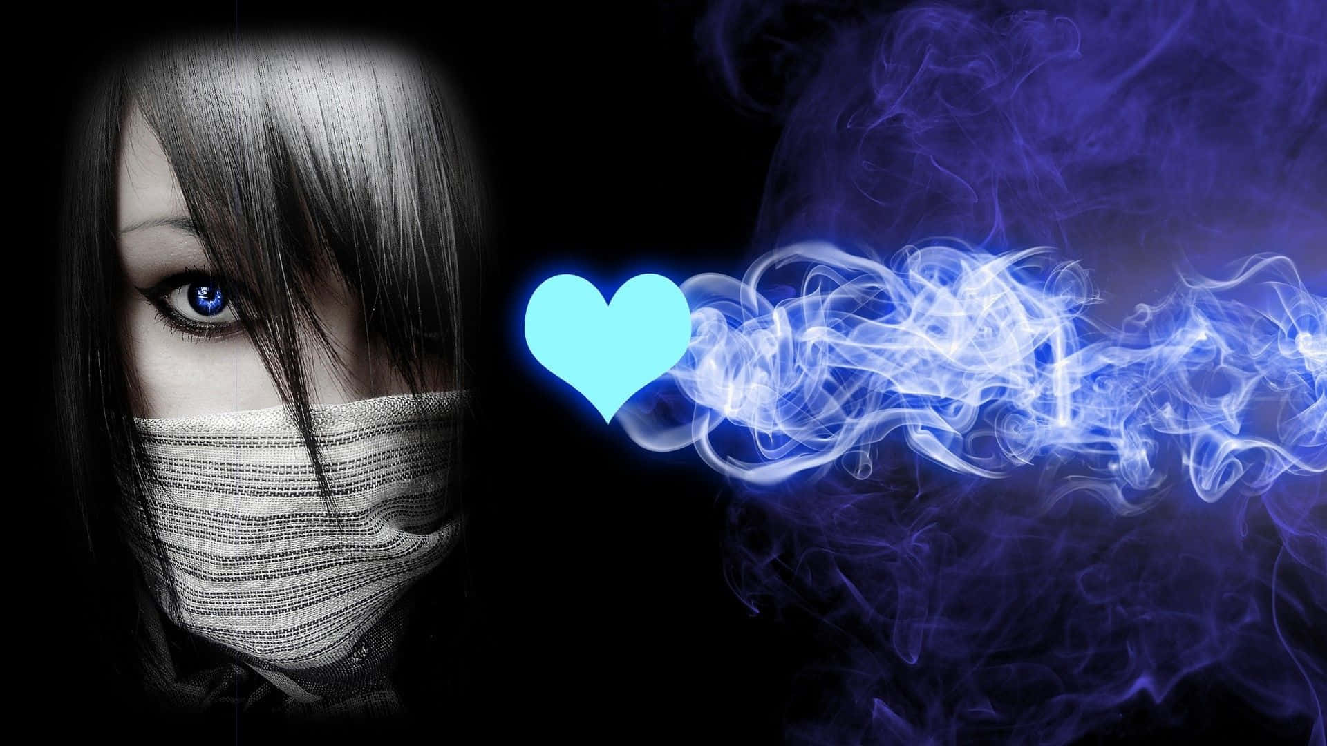 Dark Emo 桌布 壁紙 — 一個戴著面具、眼睛發出藍光的人，在黑色背景下呼出一條鮮藍色、心形的煙霧痕跡。