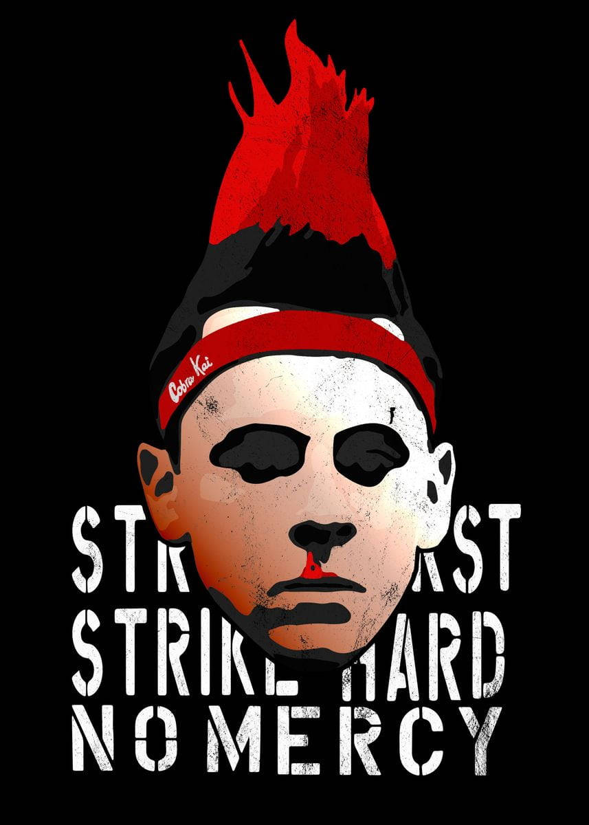 一個戴著面具、紅色莫西乾頭和頭帶的人物，帶有文字 strike hard no mercy — 眼鏡蛇道館 GIF 壁紙