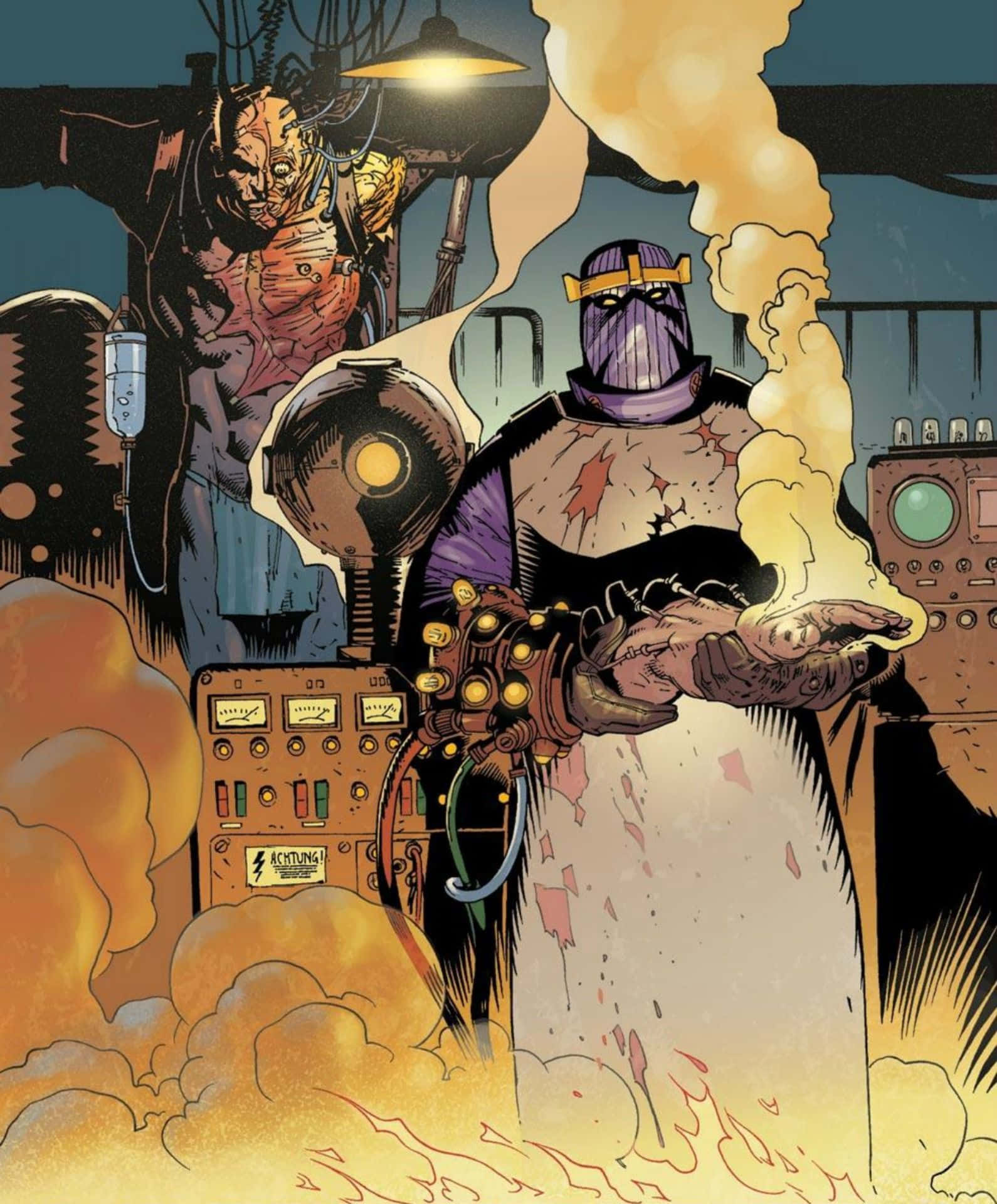 Baron Zemo 桌布 壁紙 — 一個戴著面具、身穿實驗袍的人物在煙霧和機械中手持發光球體，而一個怪異的生物從後面觀看。
