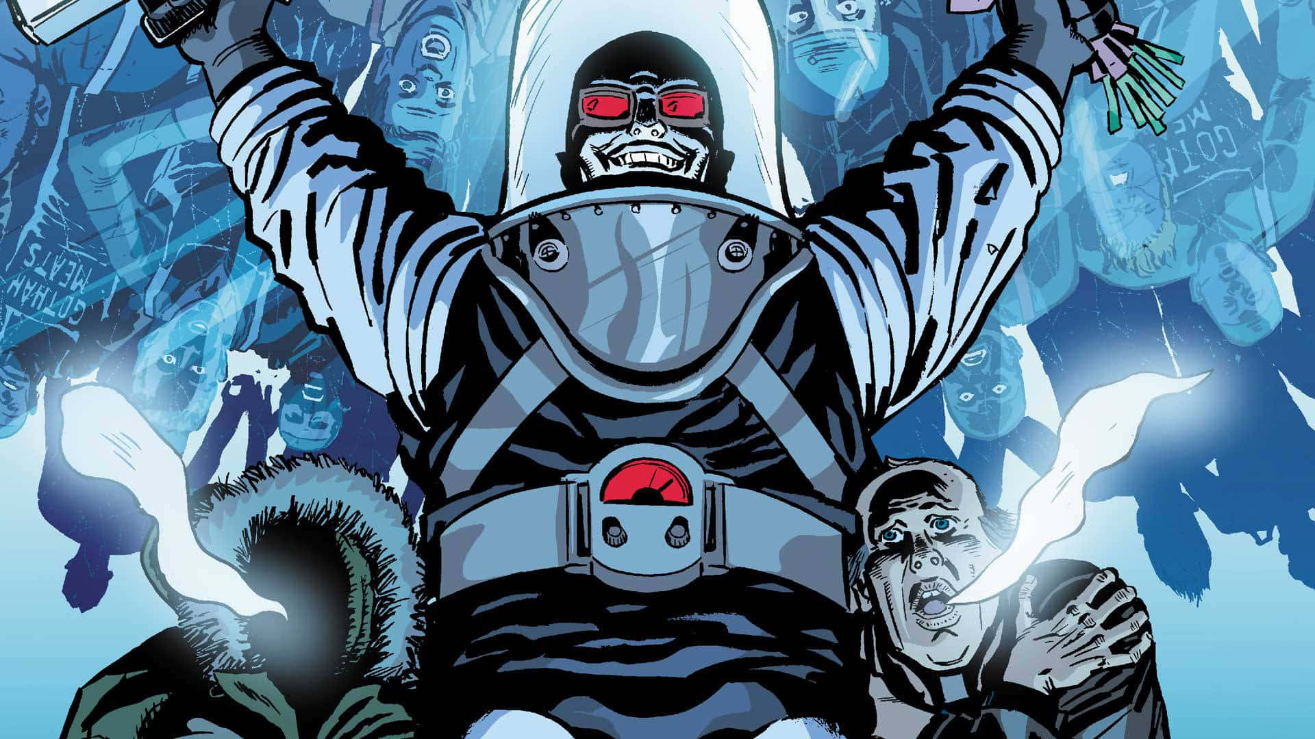Mr Freeze 桌布 壁紙 — 一個戴著面具、身穿未來風格服裝的惡棍，在一片混亂的藍色調漫畫場景中，得意地高舉雙臂，而驚恐的平民正在逃命。