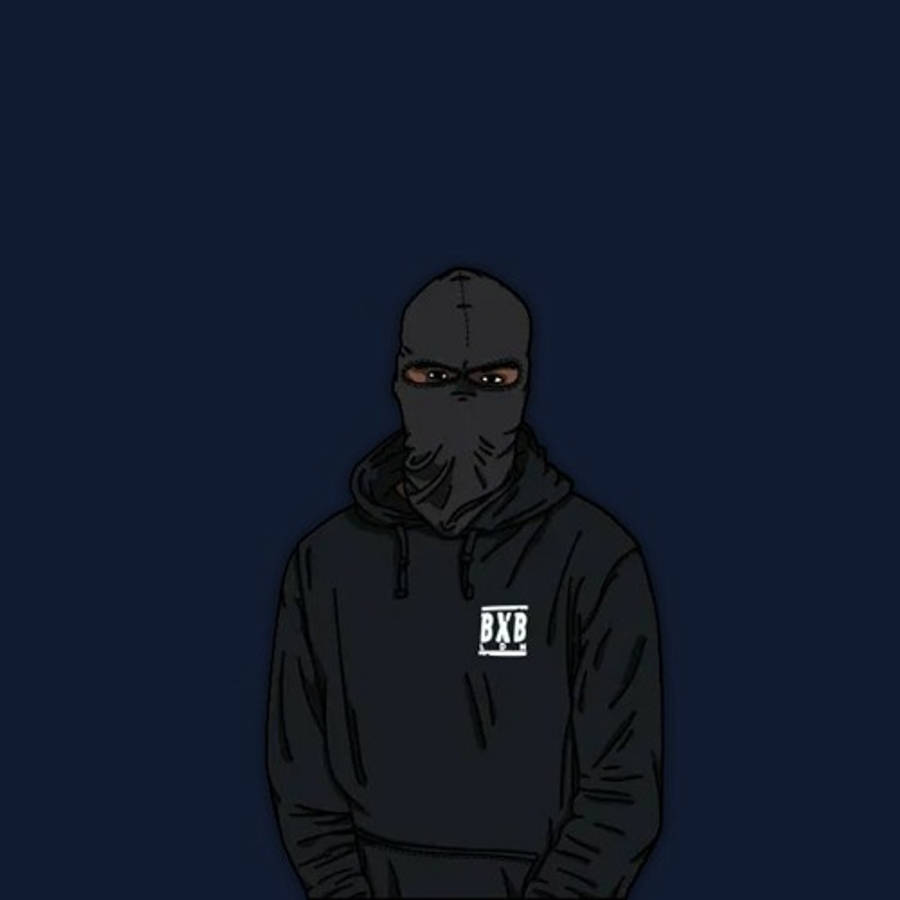 Mask Boy 桌布 壁紙 — 一個戴著面具、身穿深色連帽衫的人物站在深藍色背景前，眼睛發光。