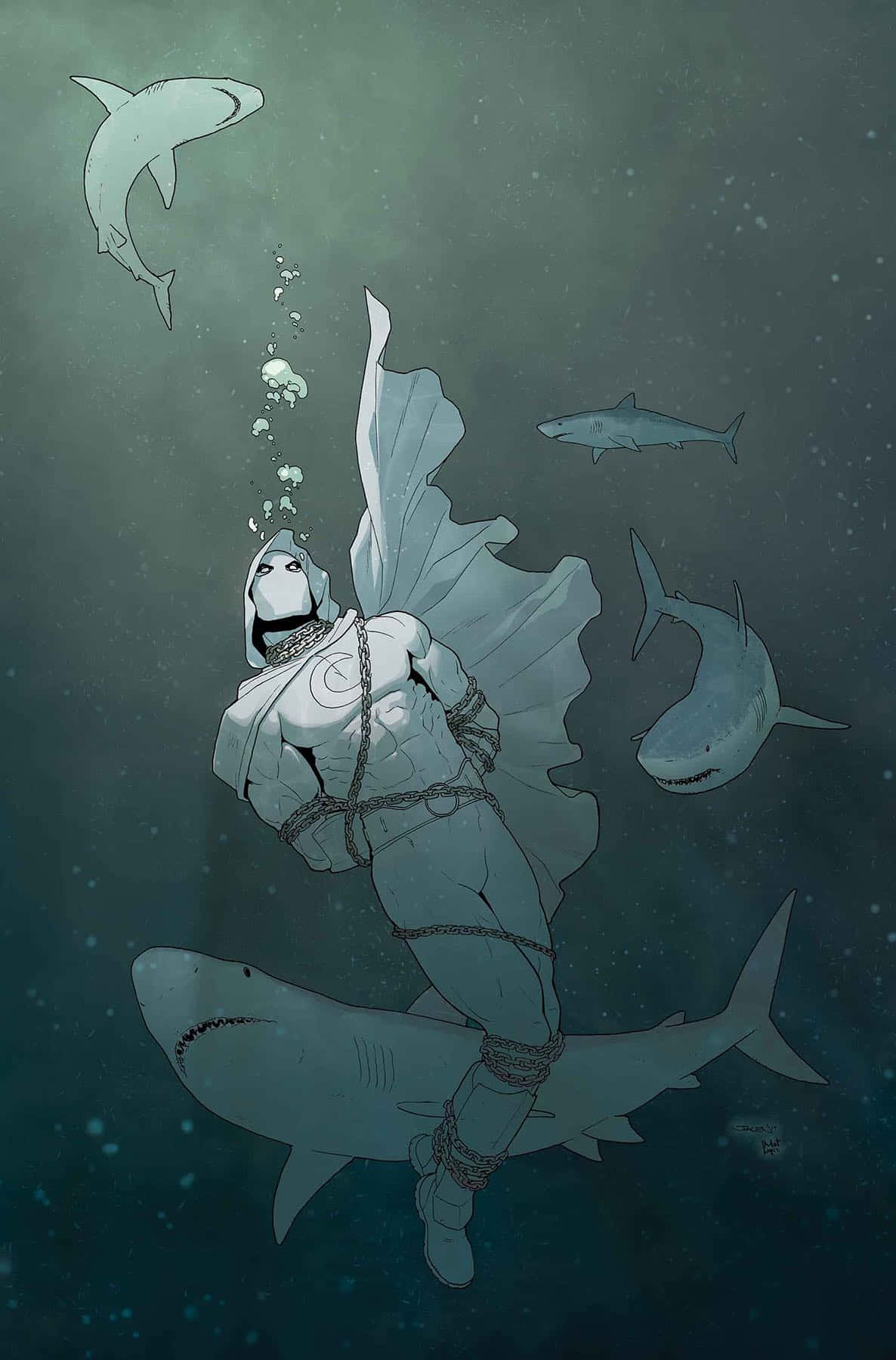 Moon Knight 桌布 壁紙 — 一個戴著面具、身穿飄逸白袍的人物被鎖鏈鎖住，並在渾濁的綠色海洋深處被鯊魚包圍。