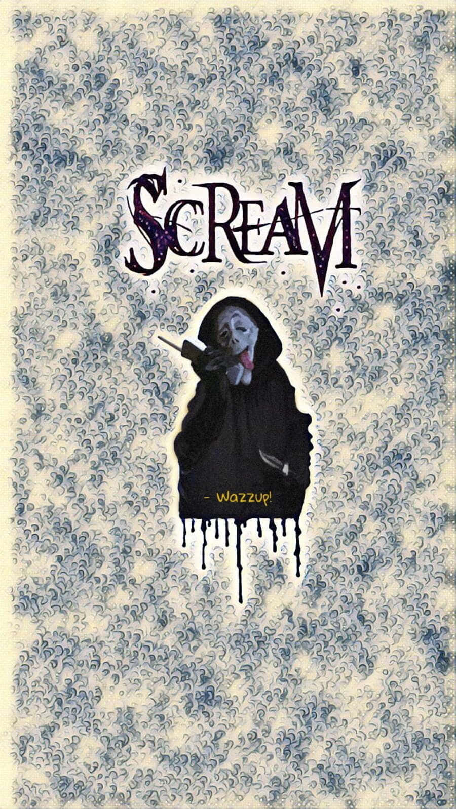 Ghostface Aesthetic 桌布 壁紙 — 一個戴著面具、身穿黑色連帽衫的人物，在旋轉的藍色和奶油色圖案背景前拿著一把刀，並以風格化字體顯示「SCREAM」字樣。