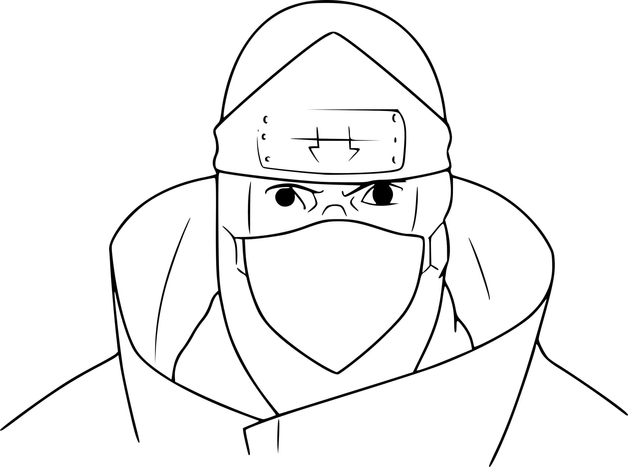 Akatsuki Kakuzu 桌布 壁紙 — 一個戴著面具和頭帶的動漫忍者的黑白線條藝術肖像，展現出銳利的眼神。