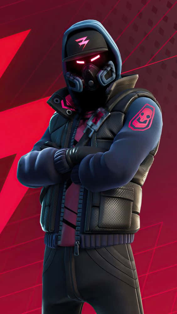 Dope Fortnite ✓ 壁紙 — 一個戴著面具的Fortnite角色，身穿深色裝備，眼睛發出紅光，自信地站在大膽的紅色幾何背景前。
