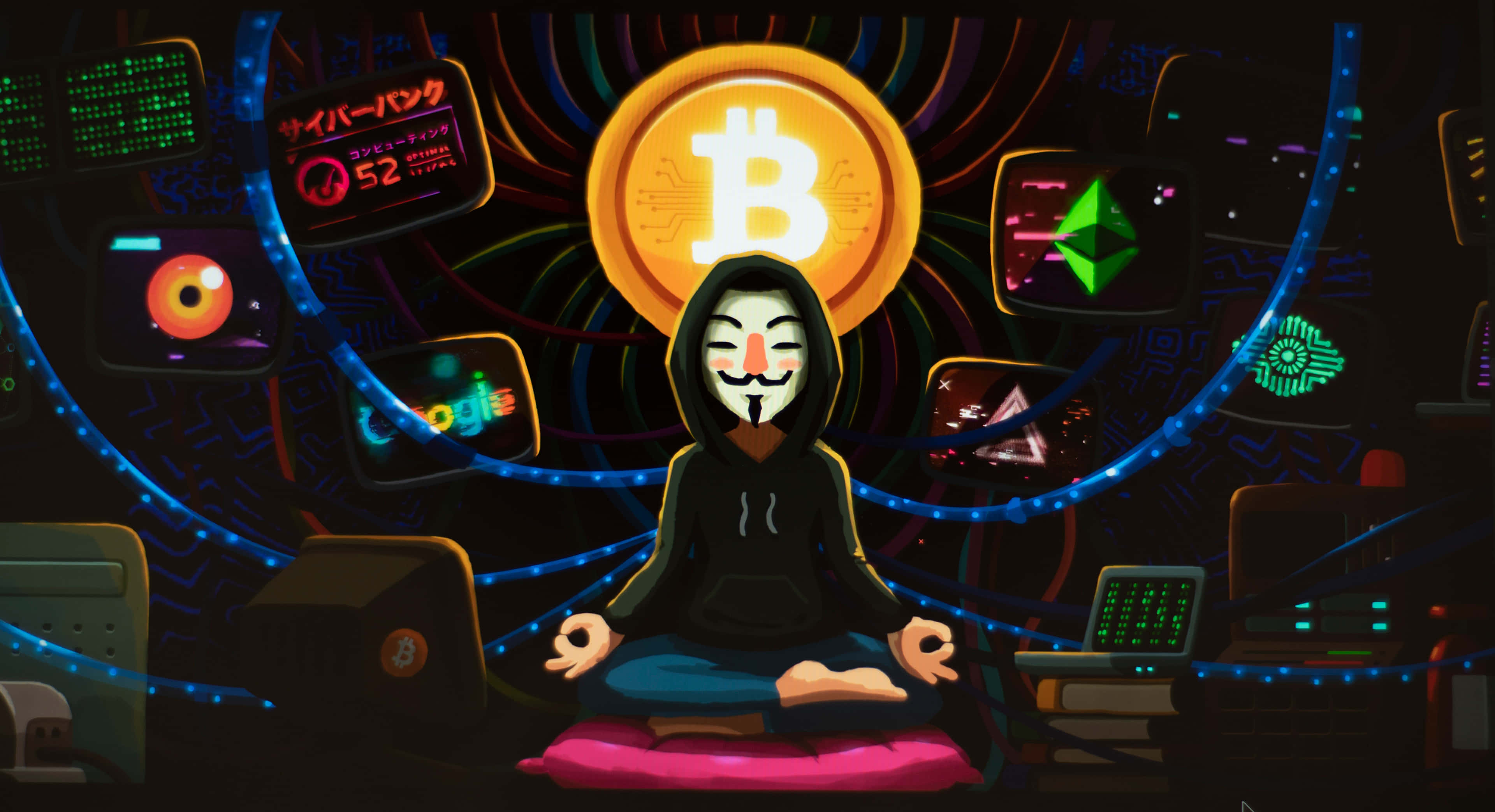 Anonymous 桌布 壁紙 — 一個戴著面具的人物在 cyberpunk 場景中，於發光的加密貨幣符號和數碼屏幕之間平靜地冥想。